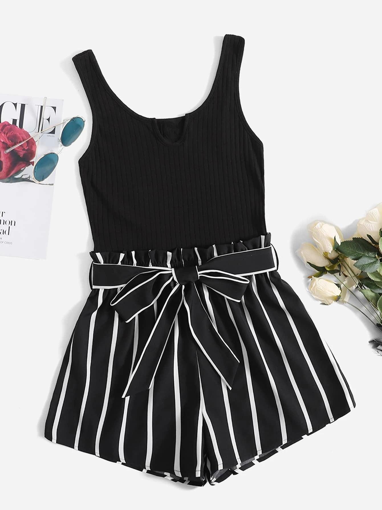 Striped Notched Neck Belted Tank Romper-Comfy Jumpsuits