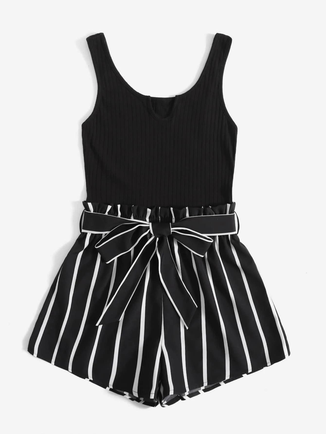 Striped Notched Neck Belted Tank Romper-Comfy Jumpsuits