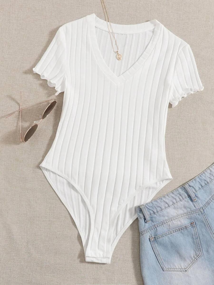 Lettuce Trim Rib Knit Bodysuit-Comfy Jumpsuits