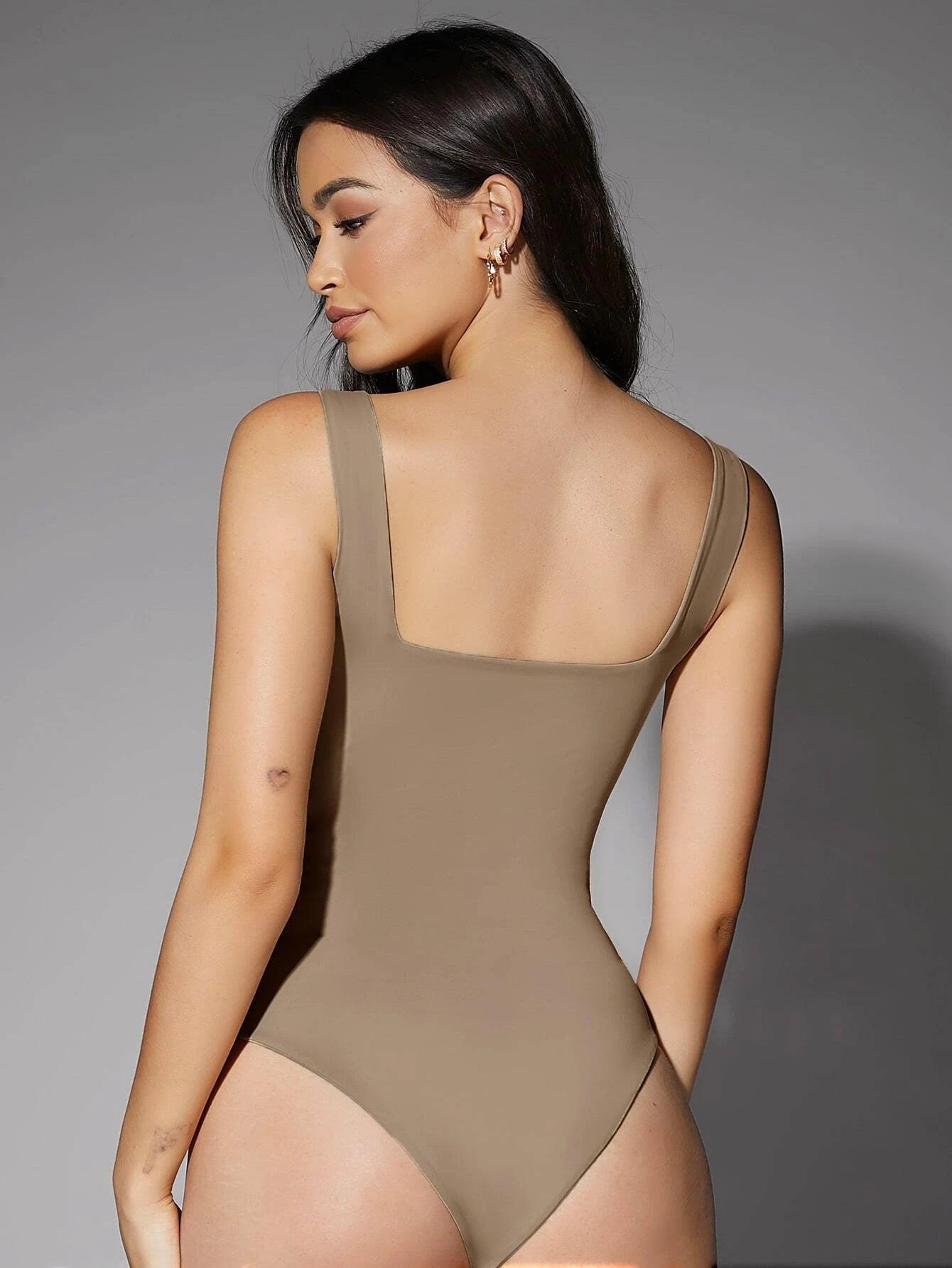 Square Neck Solid Bodysuit-Comfy Jumpsuits