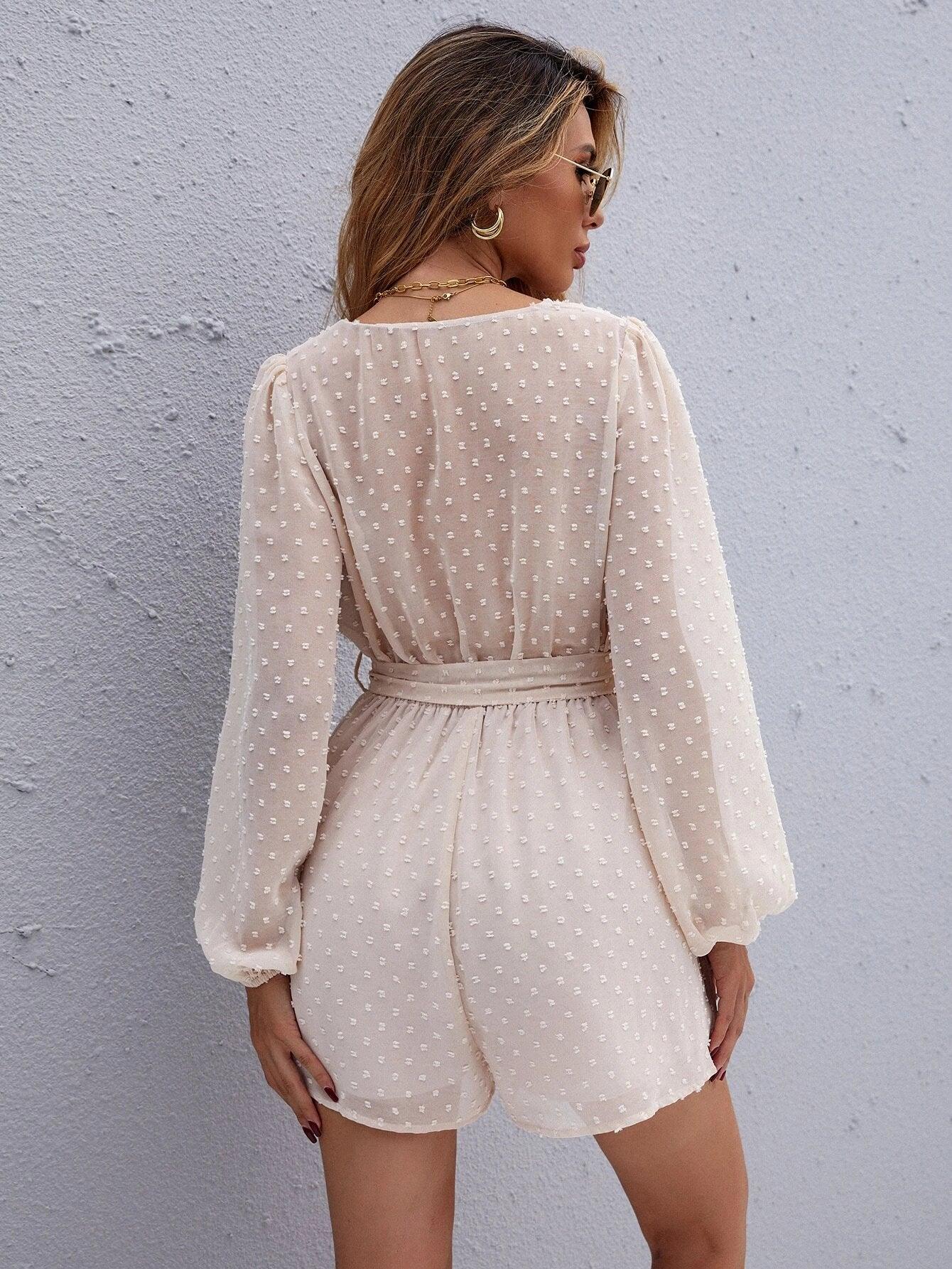 Swiss Dotted Romper With Belt-Comfy Jumpsuits