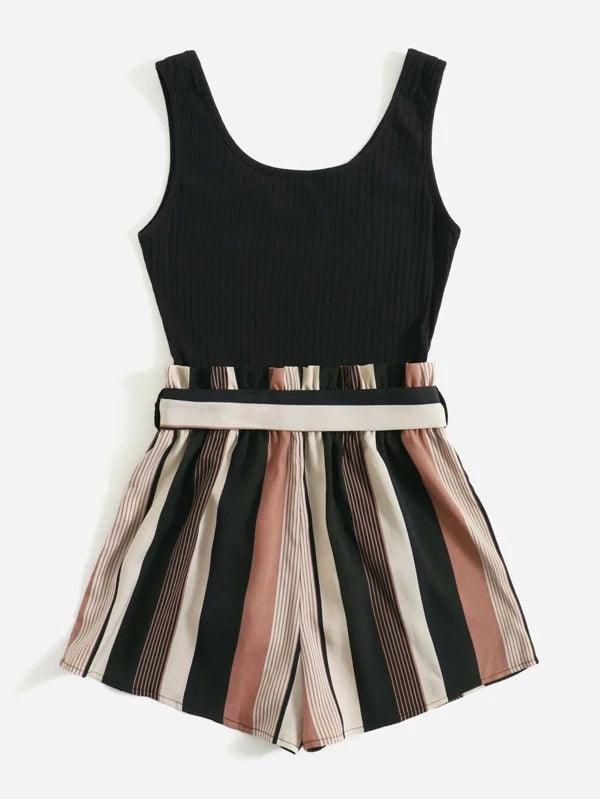 Notched Neck Block Stripe Belted Tank Romper-Comfy Jumpsuits