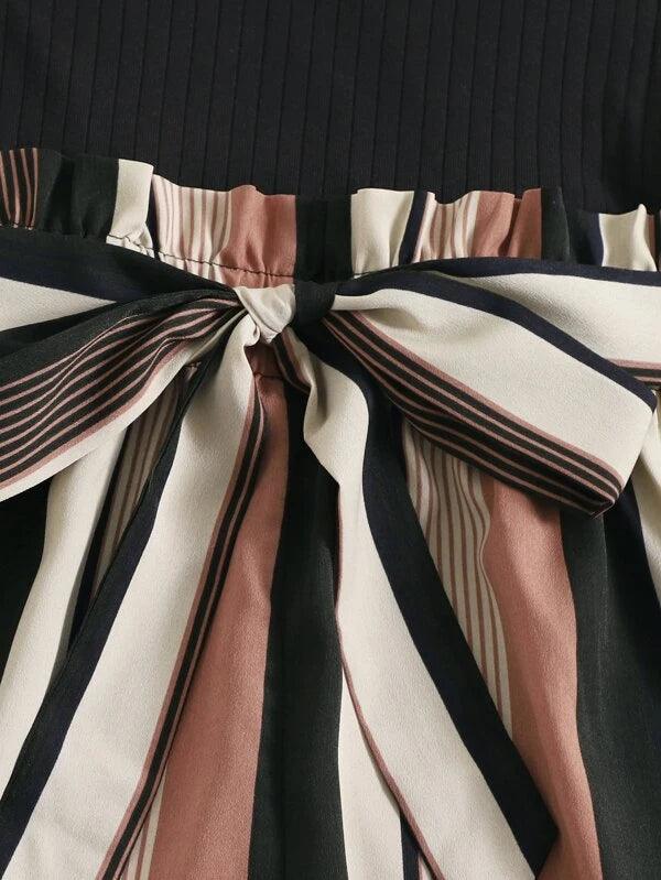 Notched Neck Block Stripe Belted Tank Romper-Comfy Jumpsuits