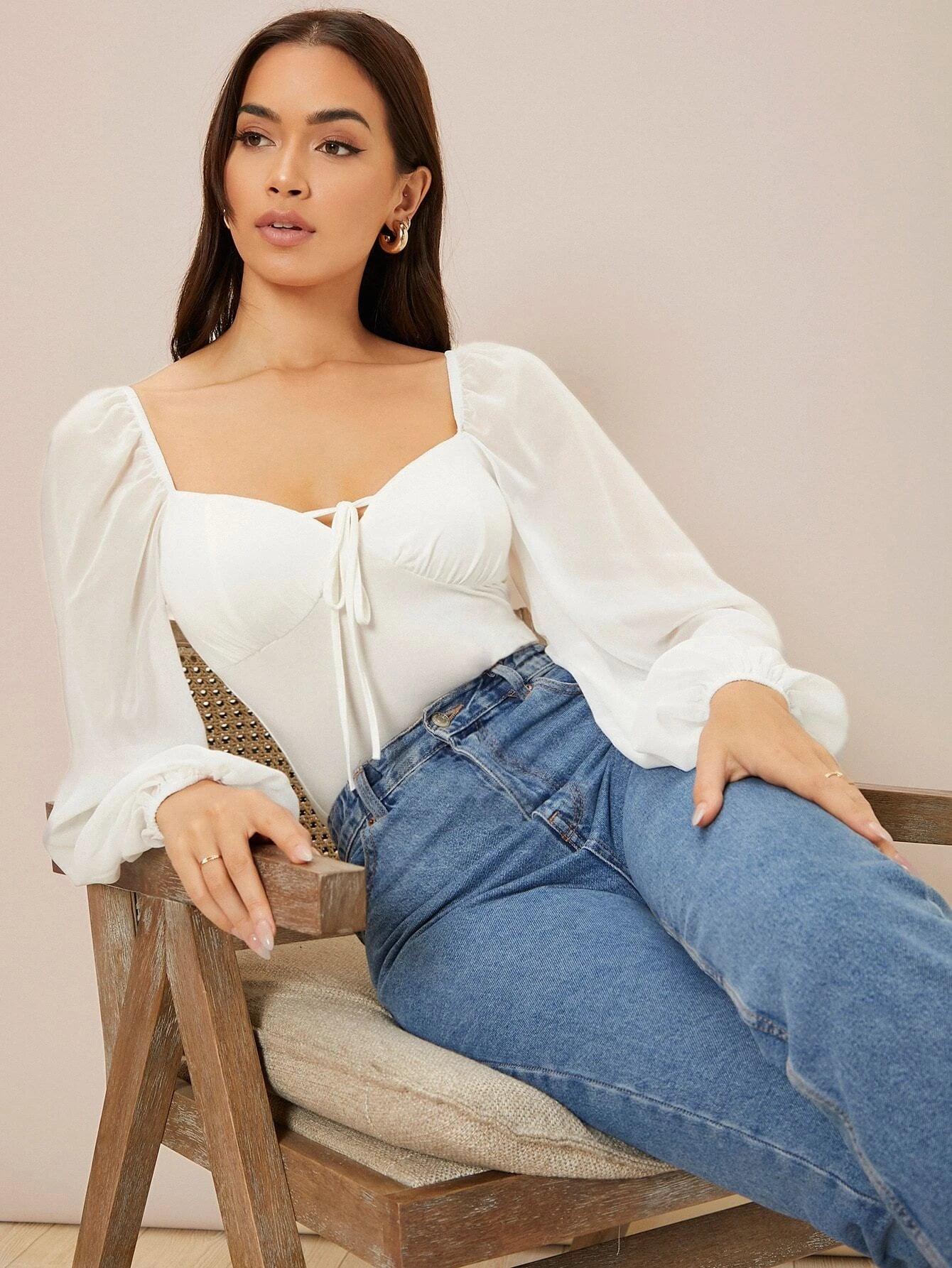 Tie Front Lantern Sleeve Bodysuit-Comfy Jumpsuits