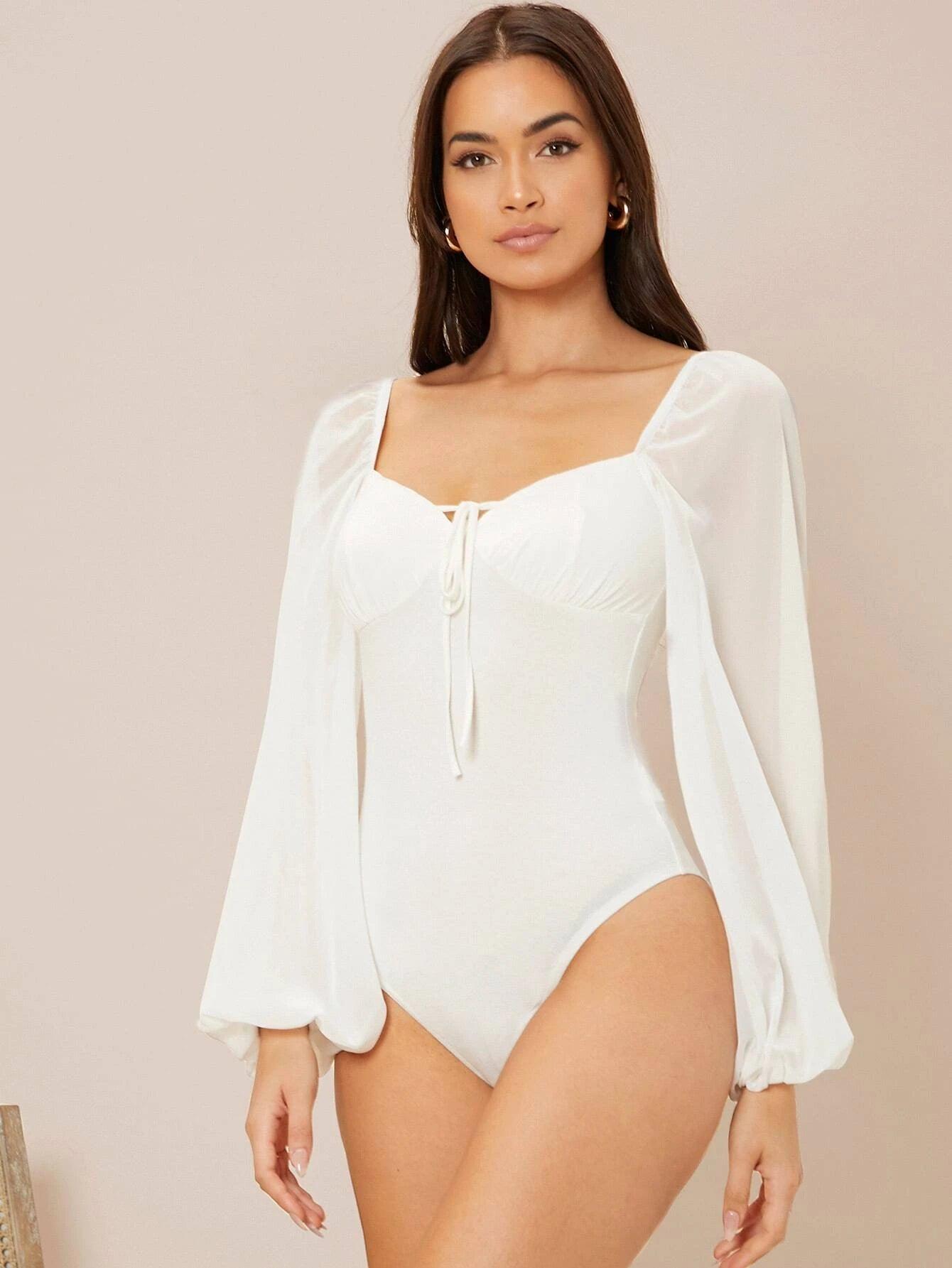 Tie Front Lantern Sleeve Bodysuit-Comfy Jumpsuits