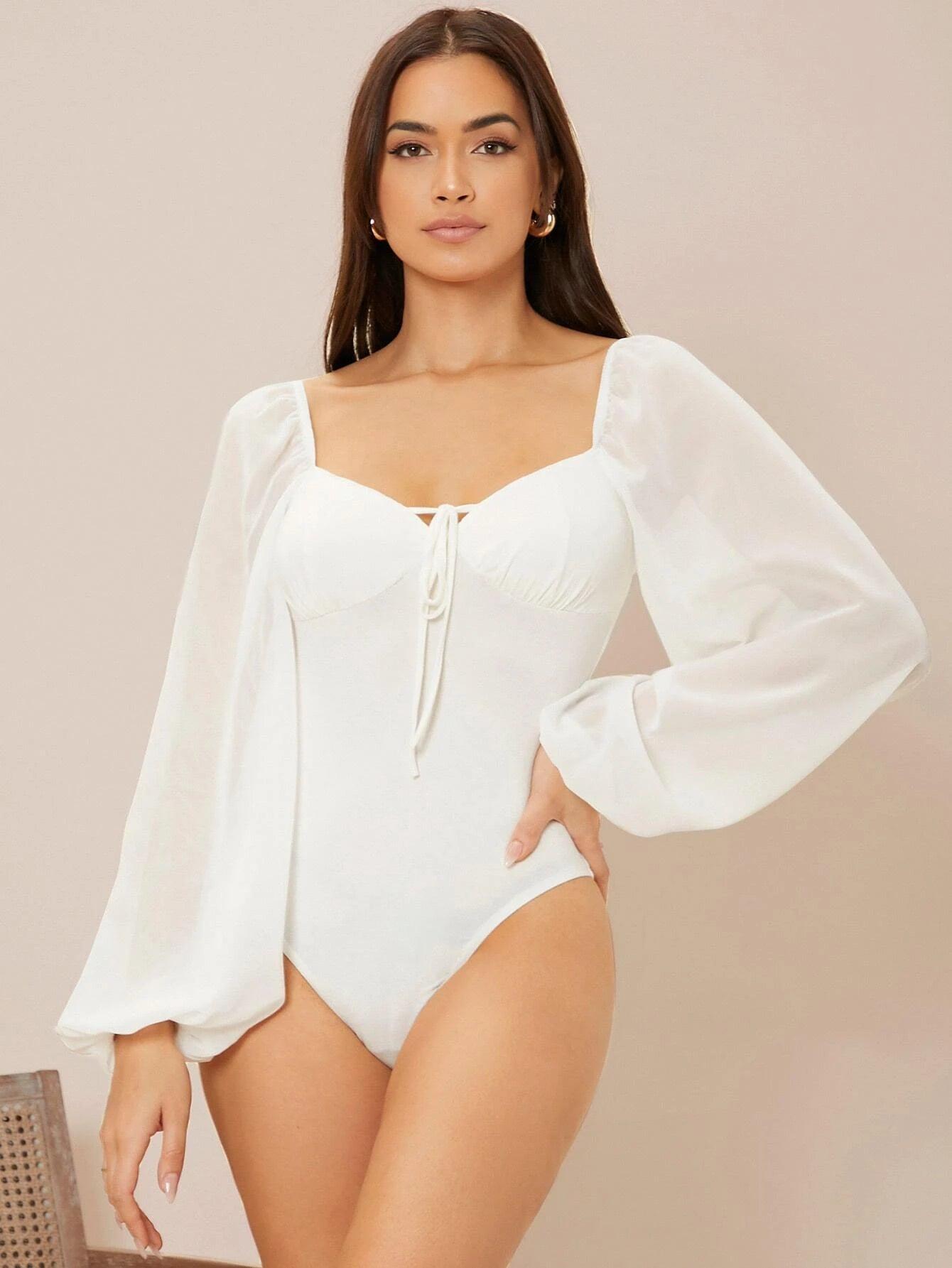 Tie Front Lantern Sleeve Bodysuit-Comfy Jumpsuits