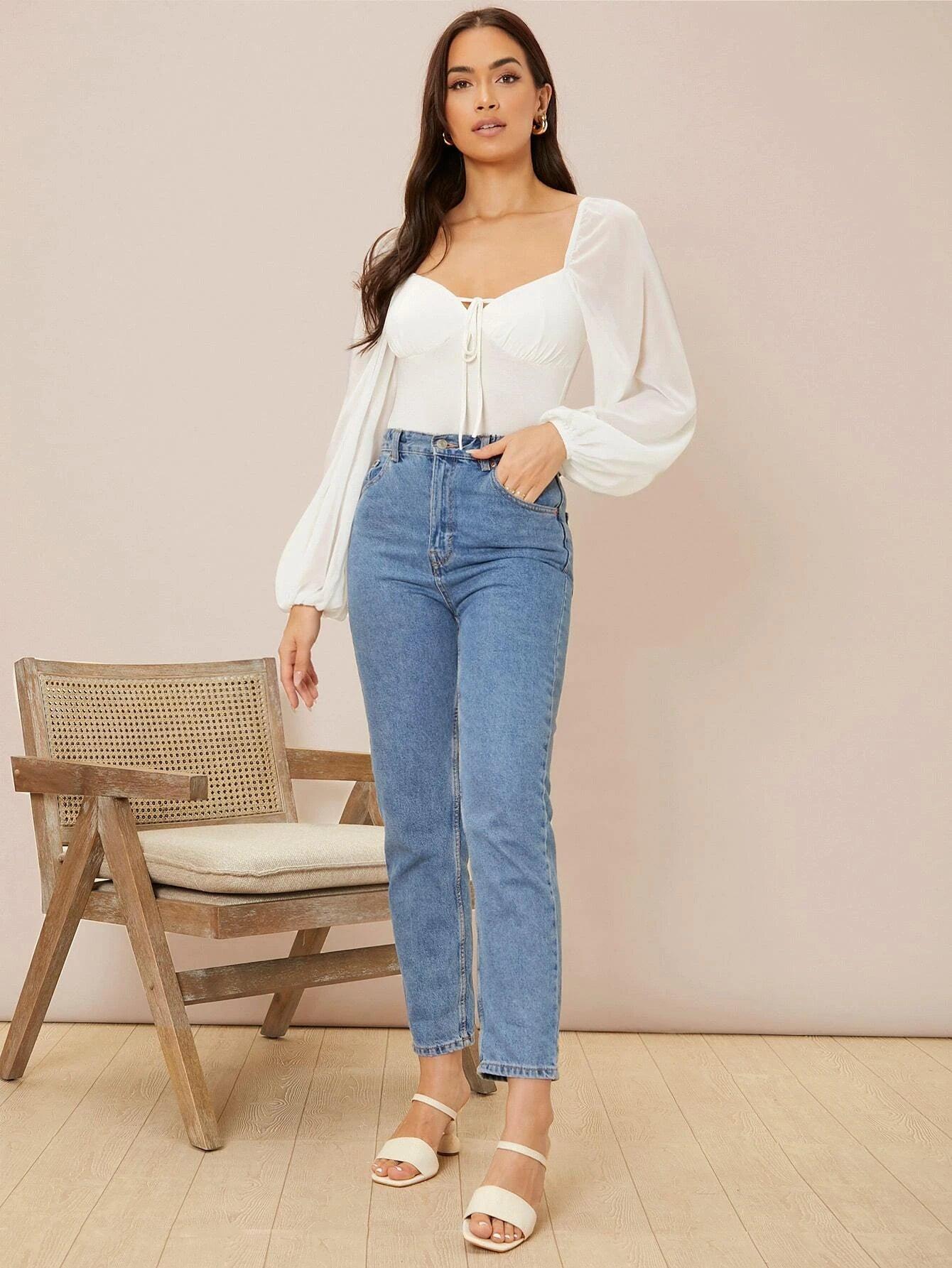 Tie Front Lantern Sleeve Bodysuit-Comfy Jumpsuits
