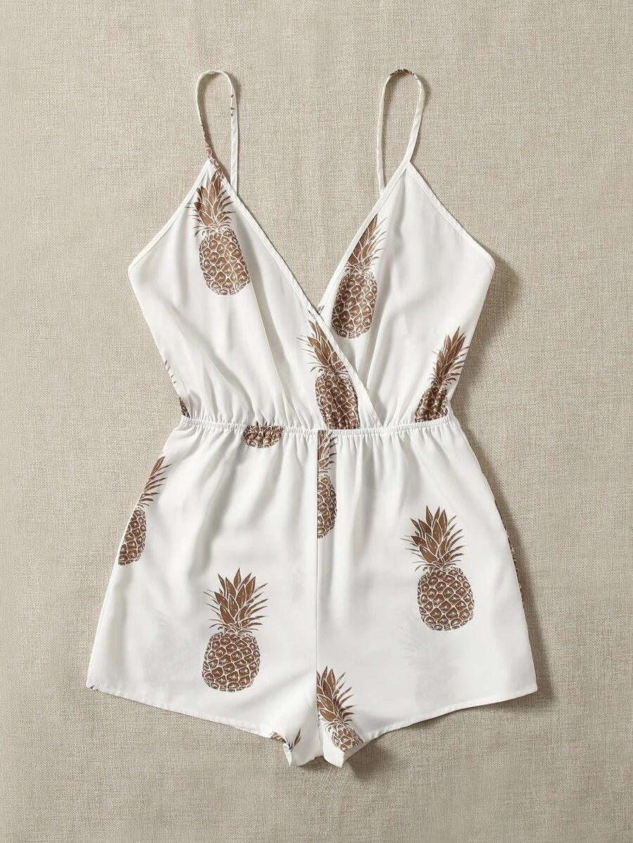 Pineapple Print Backless Cami Romper-Comfy Jumpsuits