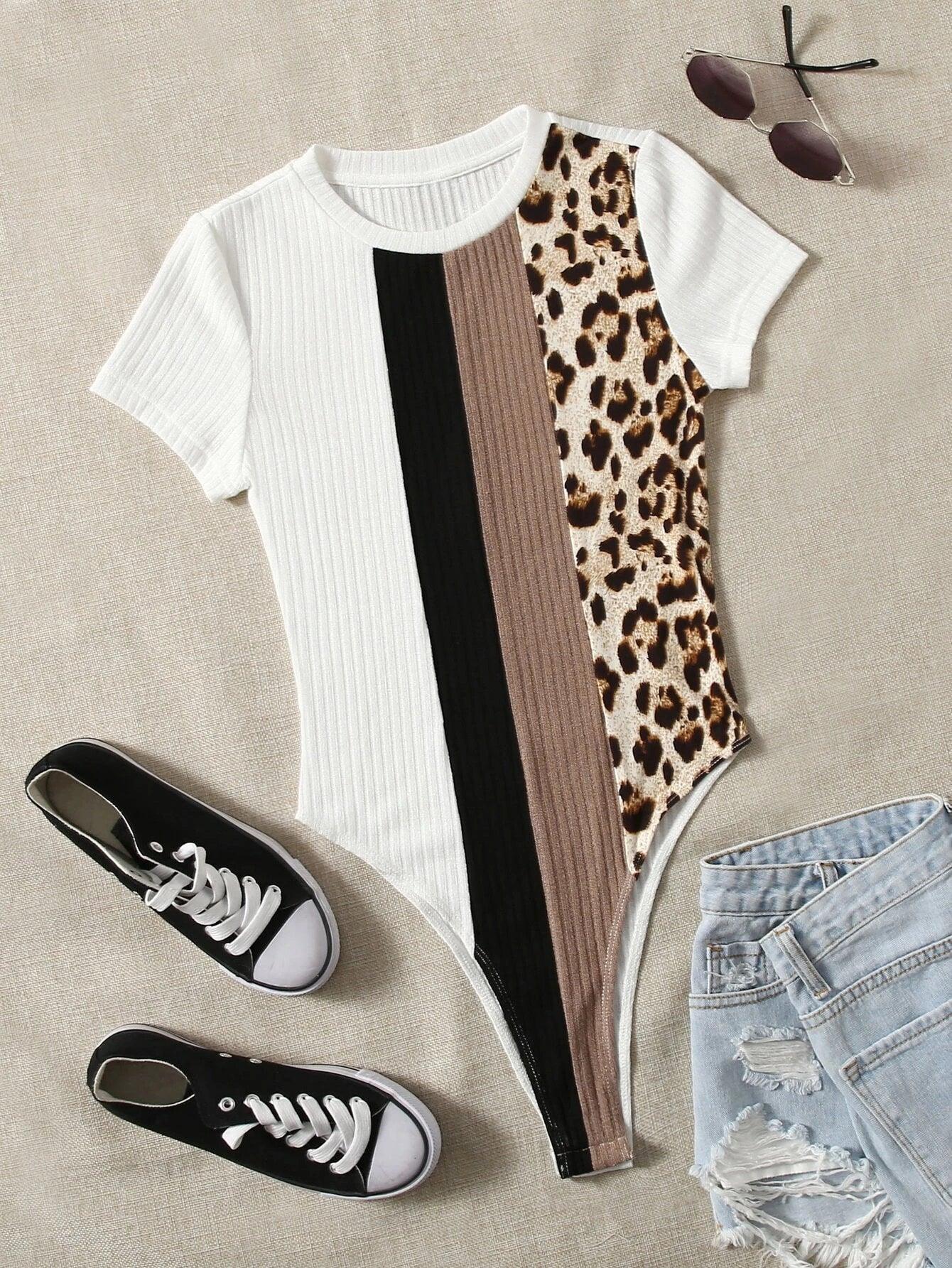 Leopard Print Round Neck Bodysuit-Comfy Jumpsuits