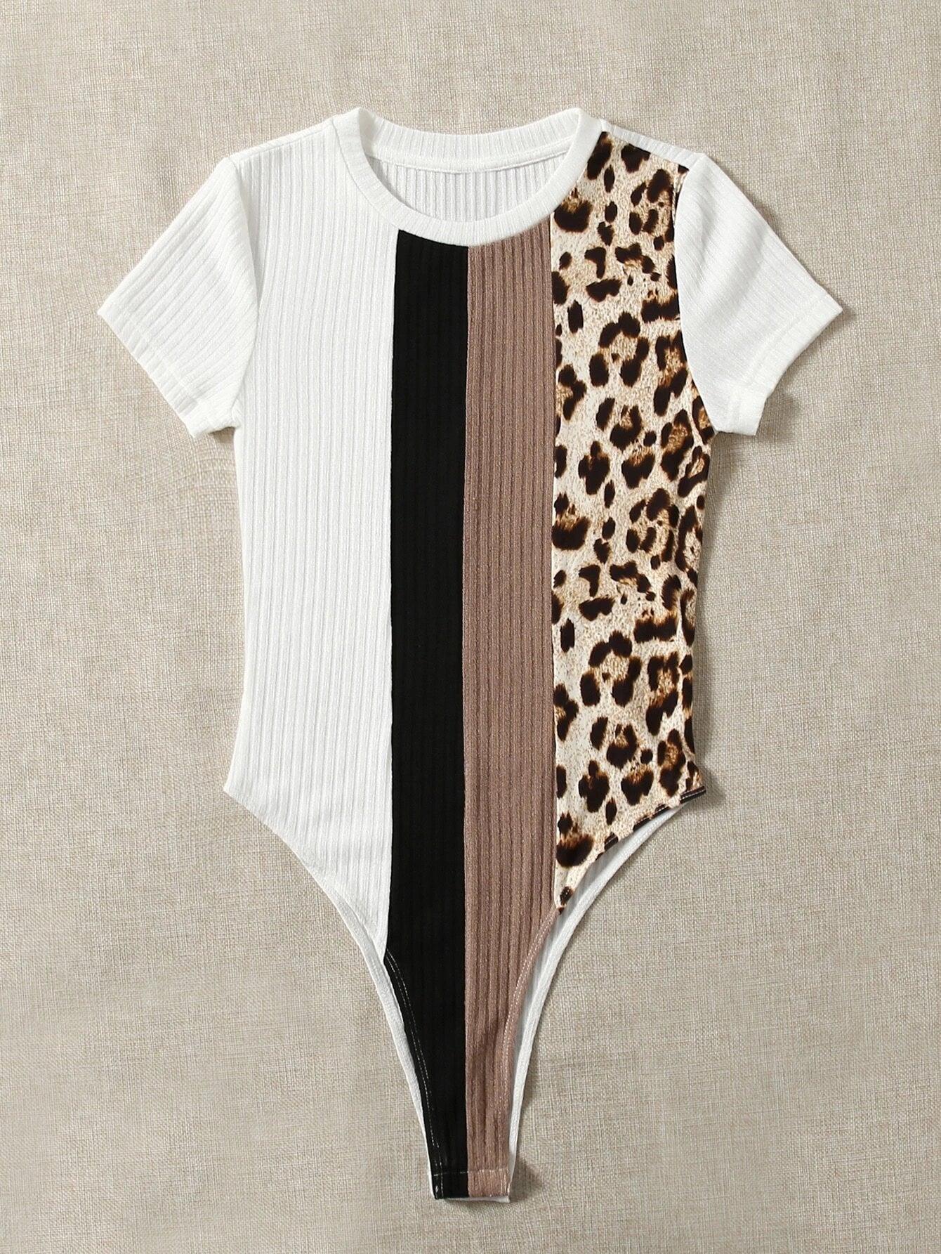 Leopard Print Round Neck Bodysuit-Comfy Jumpsuits