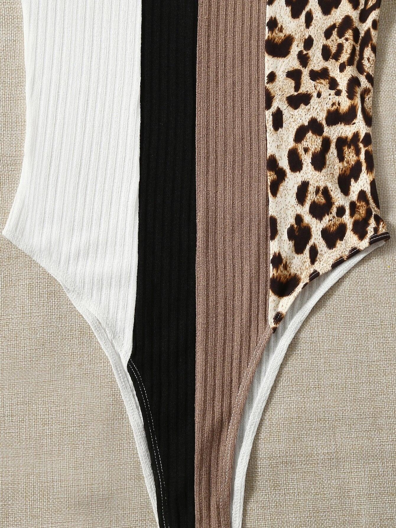 Leopard Print Round Neck Bodysuit-Comfy Jumpsuits