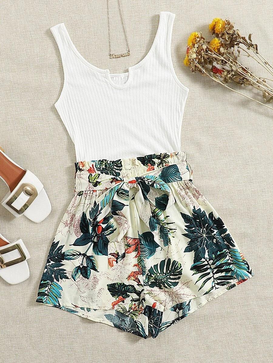 Tropical Print Paperbag Waist Belted Combo Tank Romper-Comfy Jumpsuits