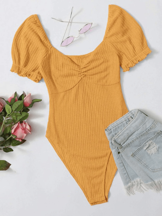 Puff Sleeved Rib-Knit Bodysuit-Comfy Jumpsuits