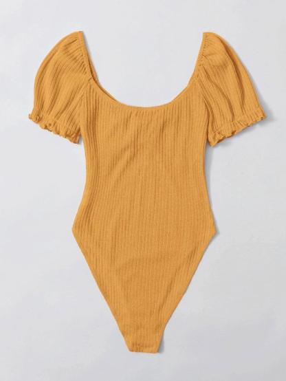 Puff Sleeved Rib-Knit Bodysuit-Comfy Jumpsuits