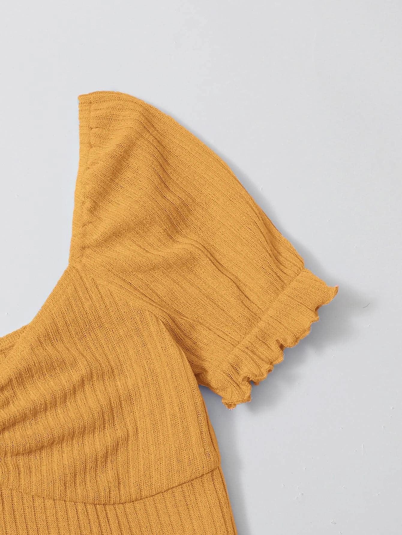 Puff Sleeved Rib-Knit Bodysuit-Comfy Jumpsuits