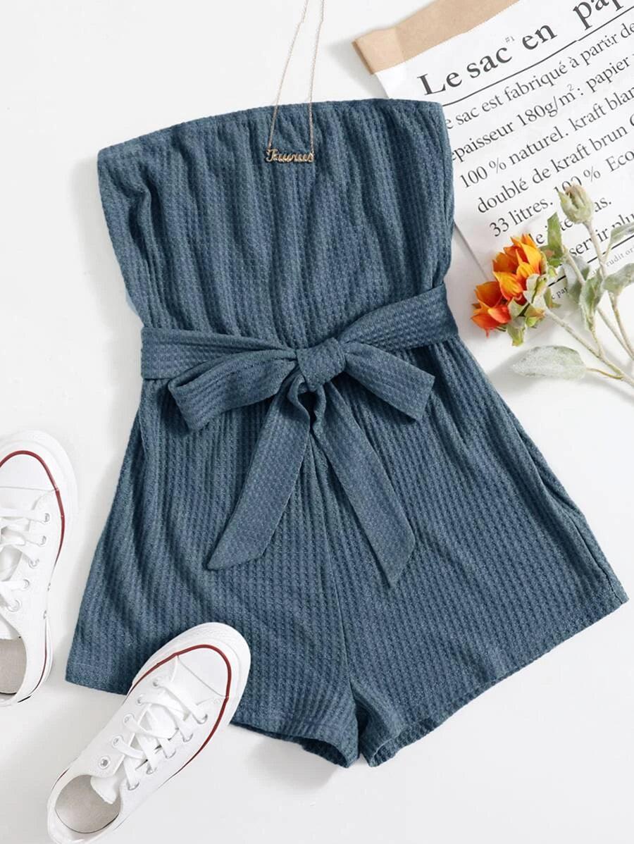 Knit Self Belted Romper-Comfy Jumpsuits
