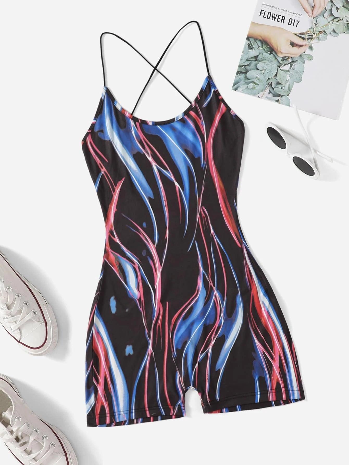 Random Print CrissCross Unitard Romper-Comfy Jumpsuits