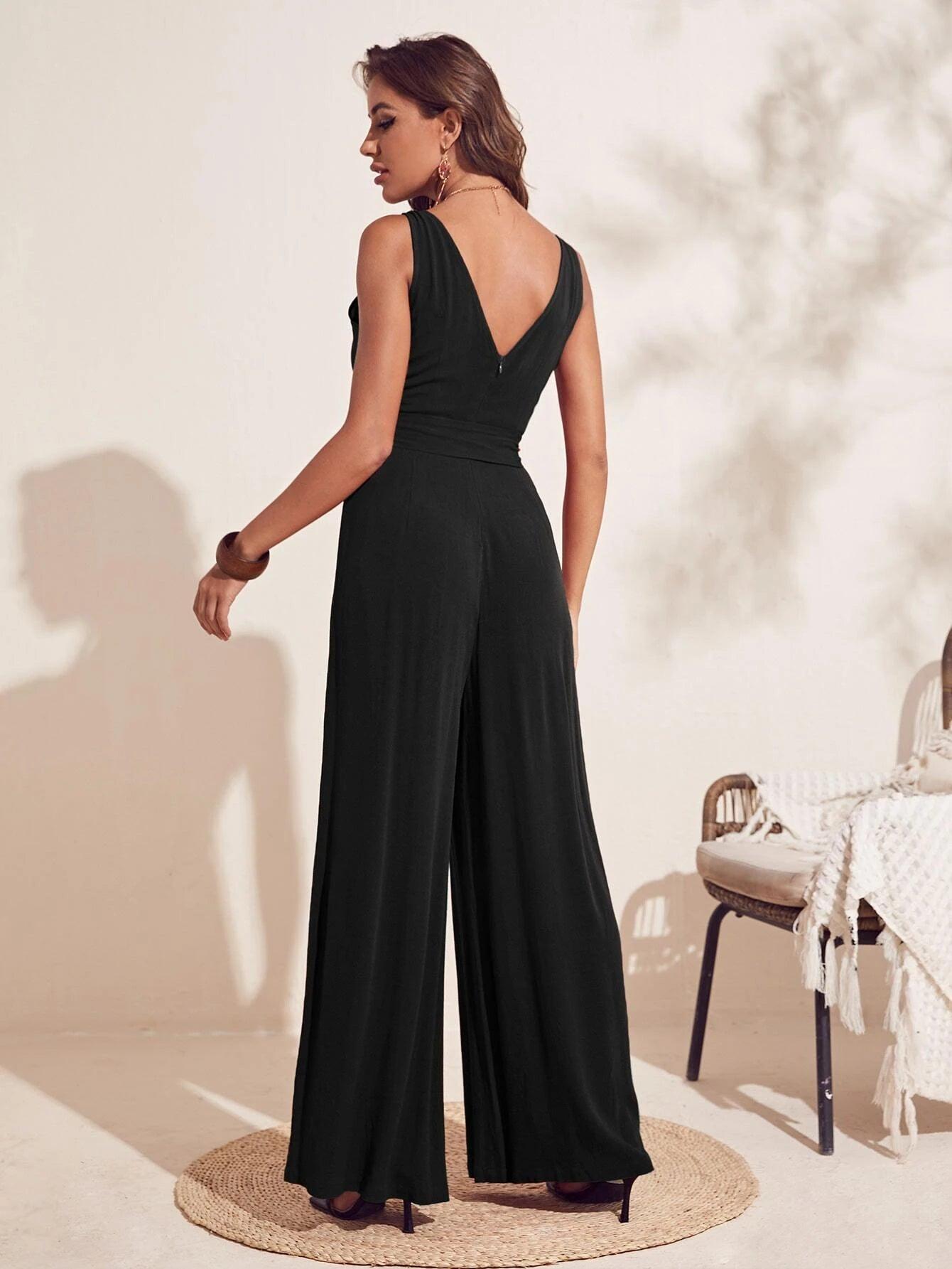 Deep V Neck Tie Front Backless Jumpsuit-Comfy Jumpsuits