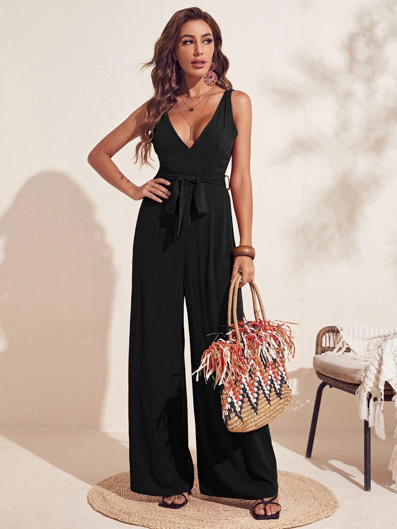 Deep V Neck Tie Front Backless Jumpsuit-Comfy Jumpsuits