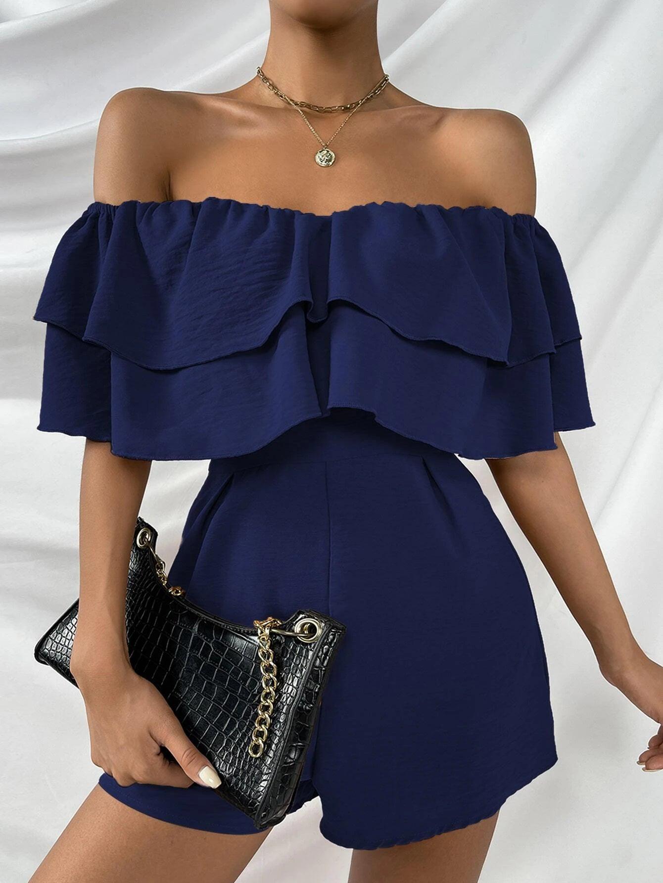 Off Shoulder Layered Trim Jumpsuit-Comfy Jumpsuits