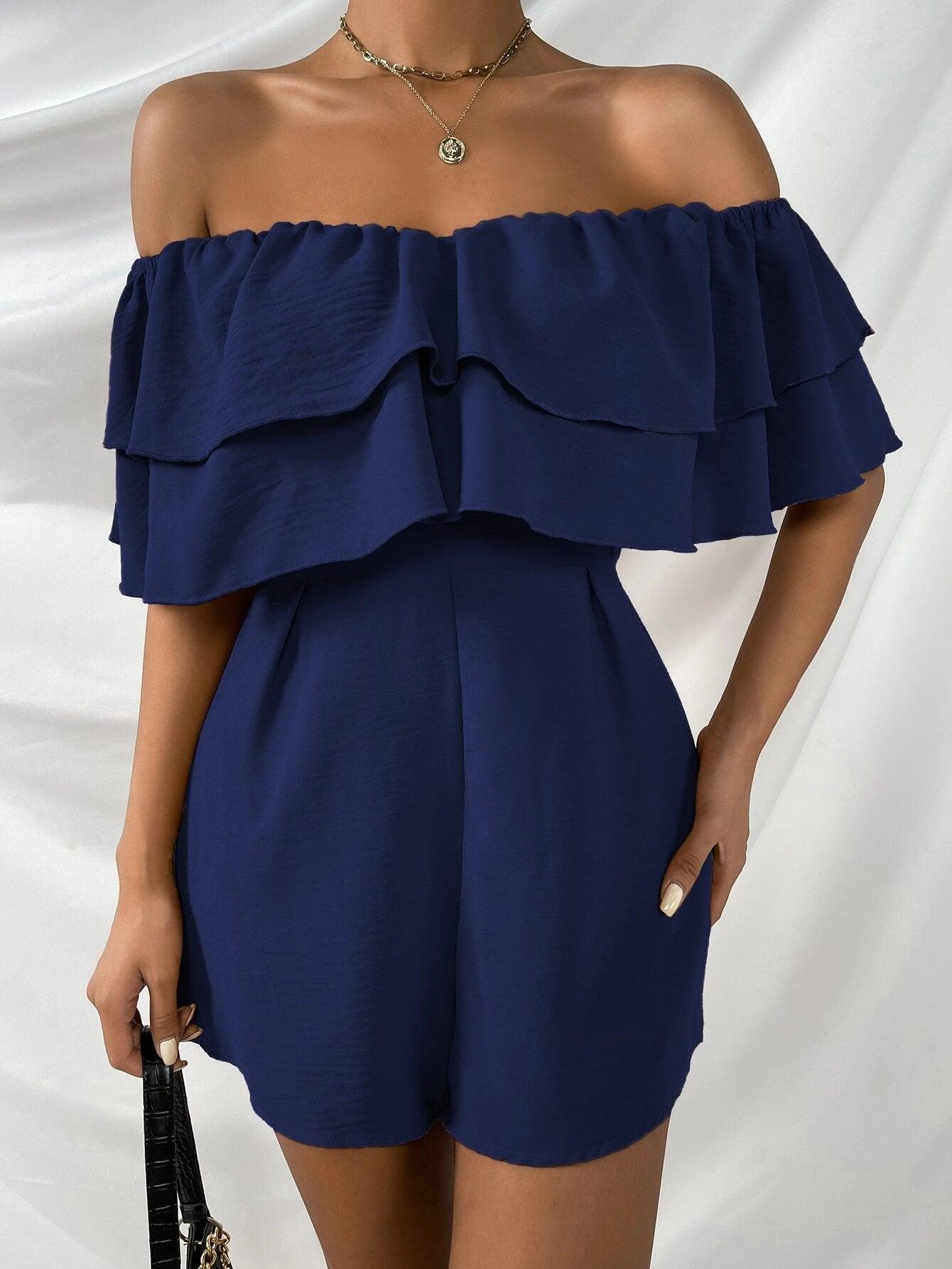 Off Shoulder Layered Trim Jumpsuit-Comfy Jumpsuits