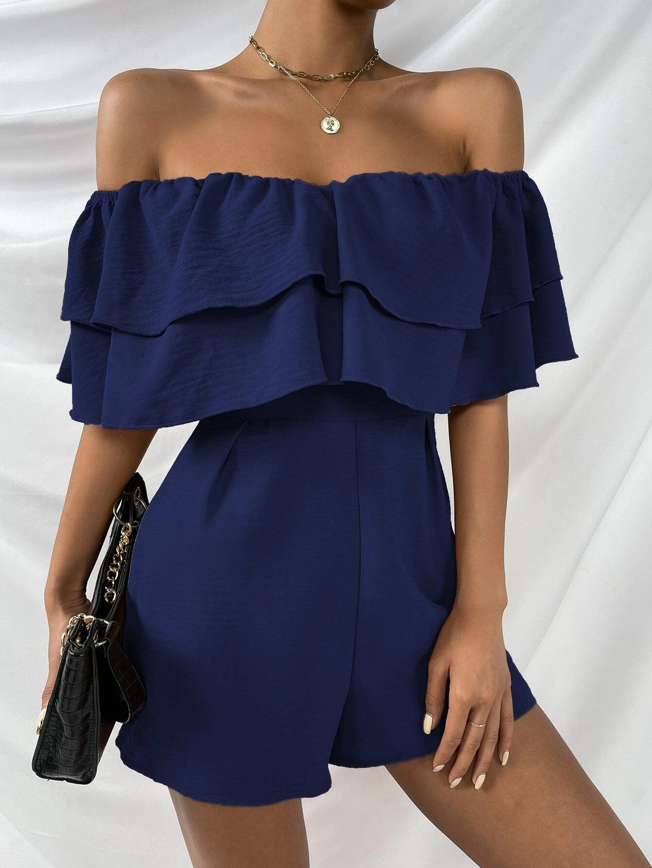 Off Shoulder Layered Trim Jumpsuit-Comfy Jumpsuits