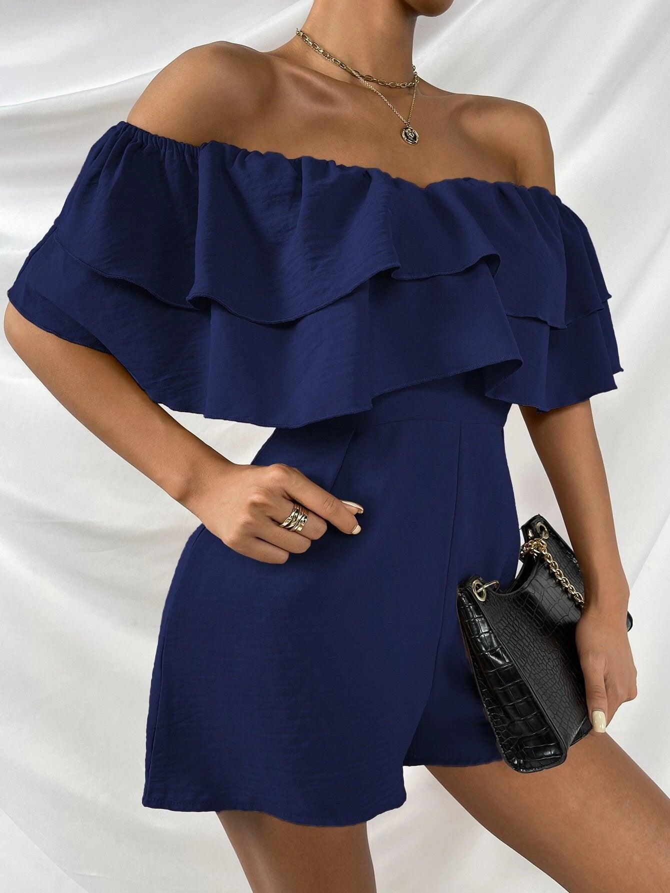 Off Shoulder Layered Trim Jumpsuit-Comfy Jumpsuits