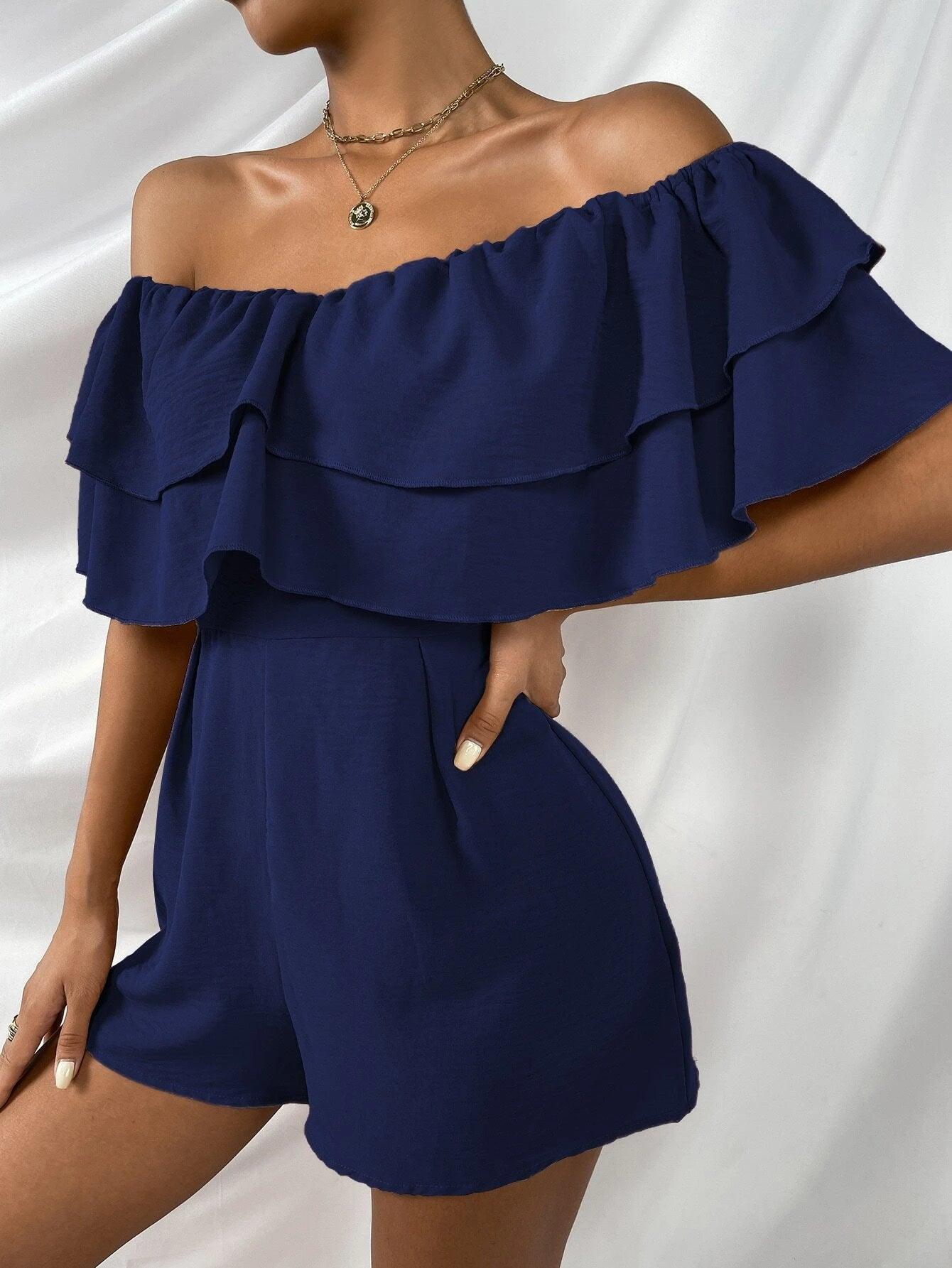 Off Shoulder Layered Trim Jumpsuit-Comfy Jumpsuits