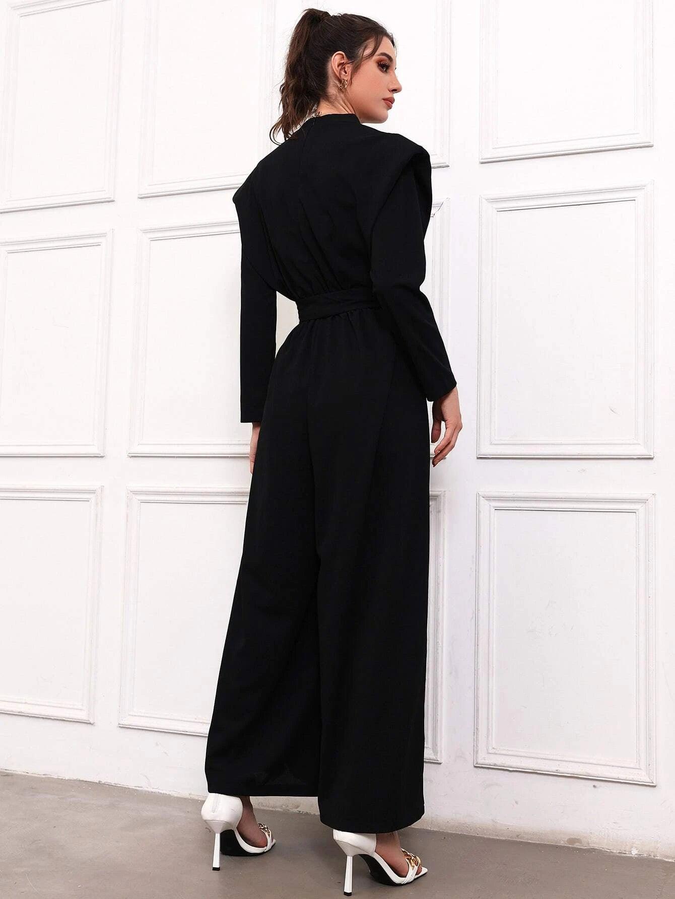 Shoulder Pads Belted Jumpsuit-Comfy Jumpsuits
