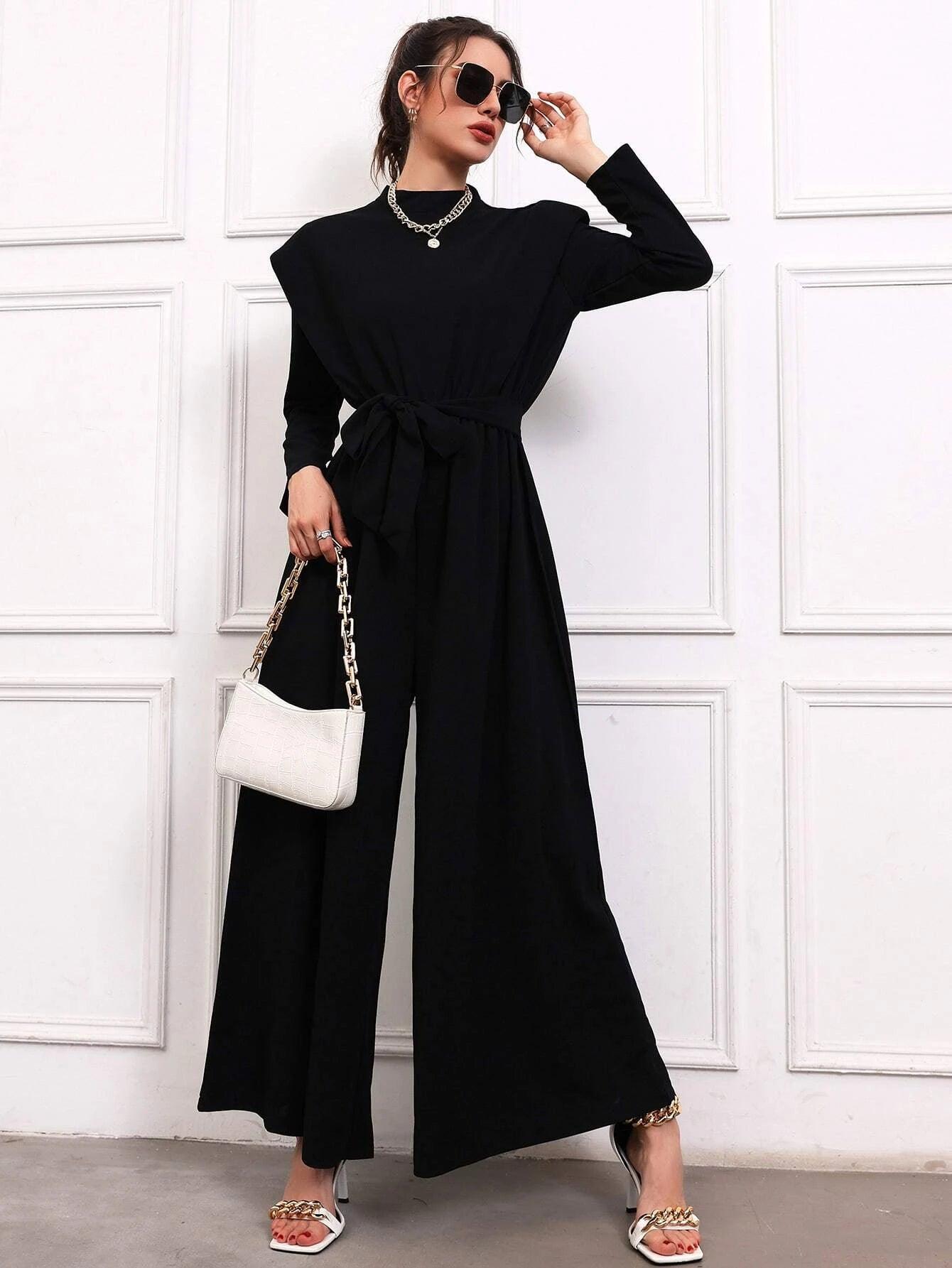 Shoulder Pads Belted Jumpsuit-Comfy Jumpsuits