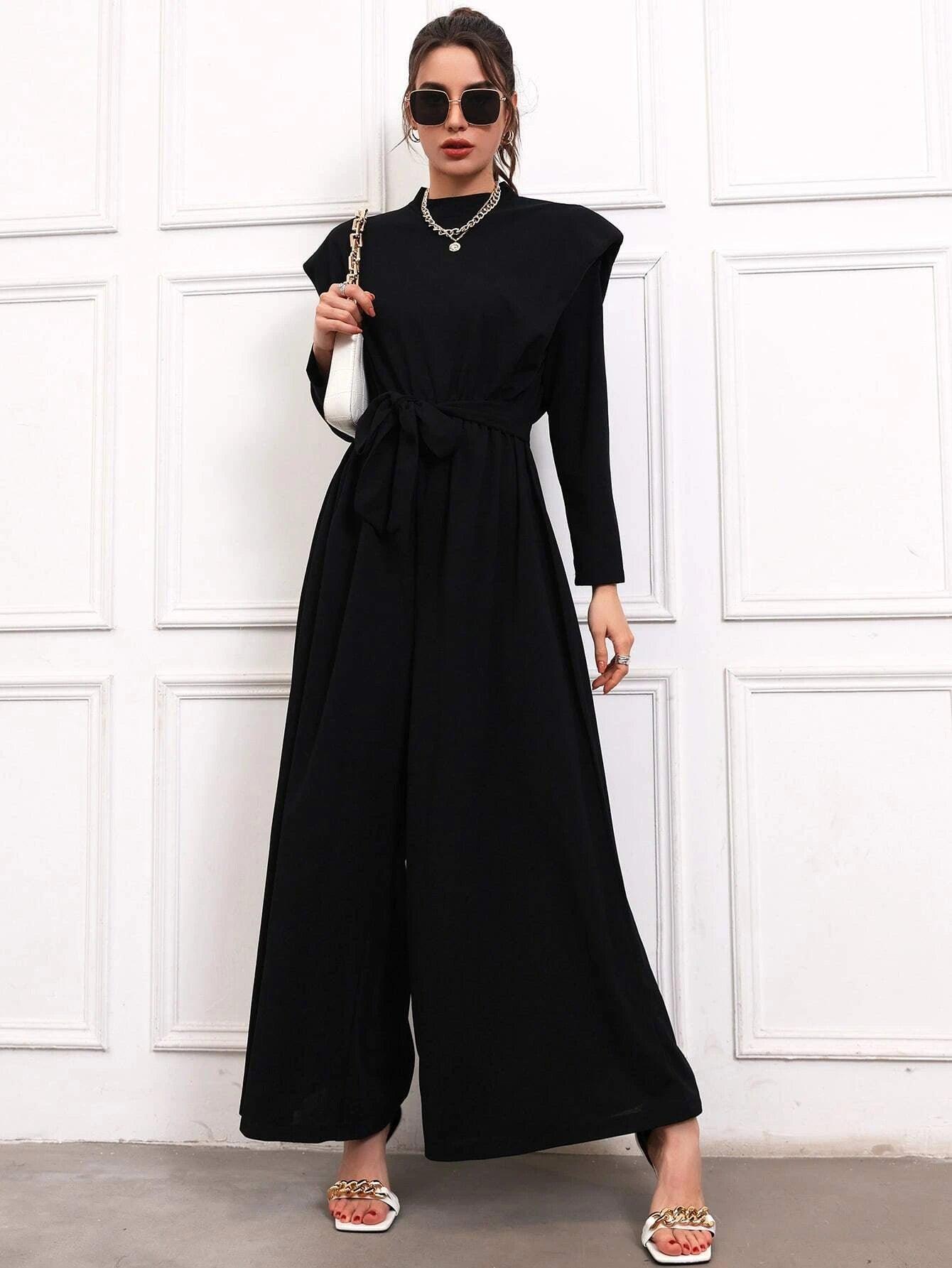 Shoulder Pads Belted Jumpsuit-Comfy Jumpsuits