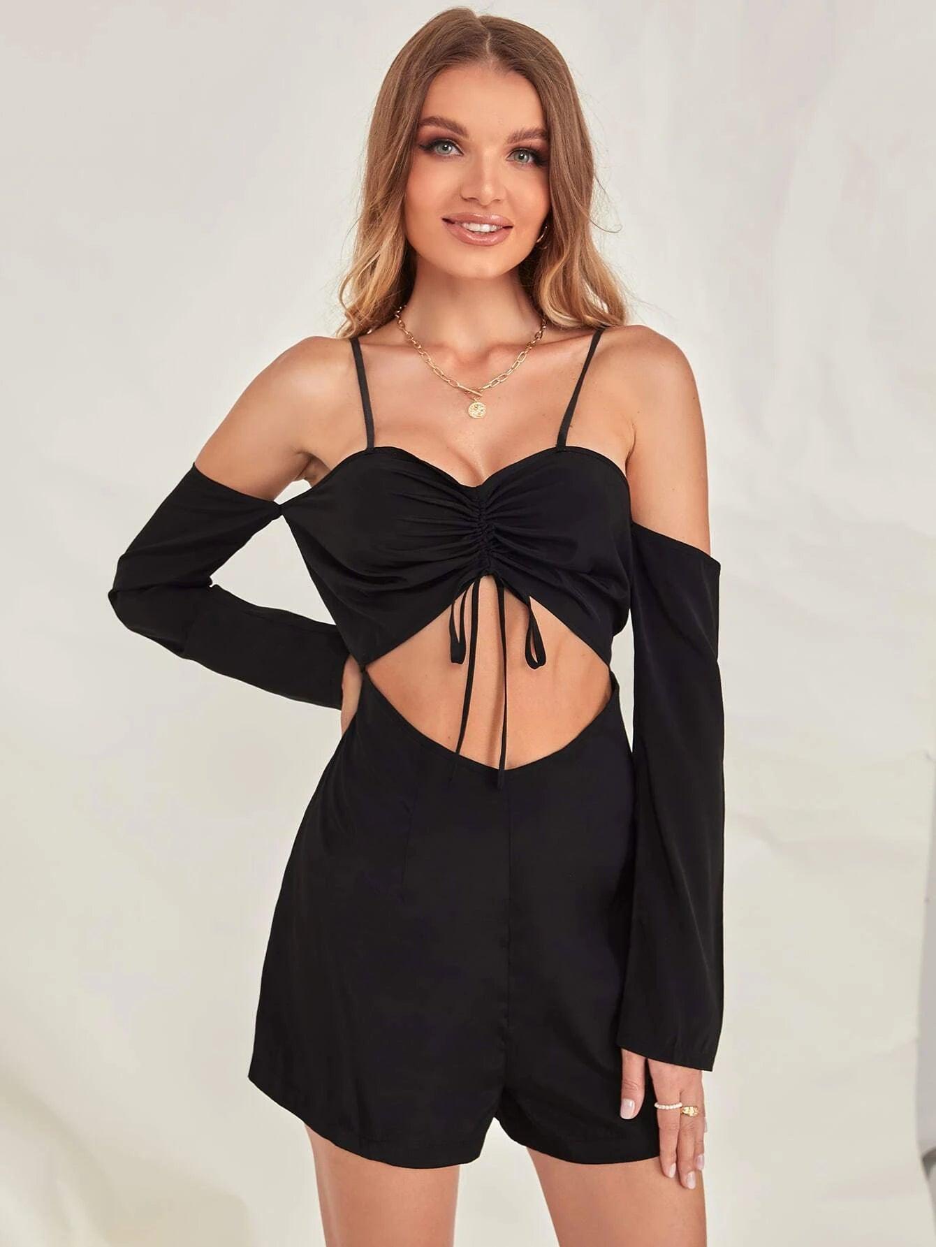 Cold Shoulder Cut Out Drawstring Romper-Comfy Jumpsuits