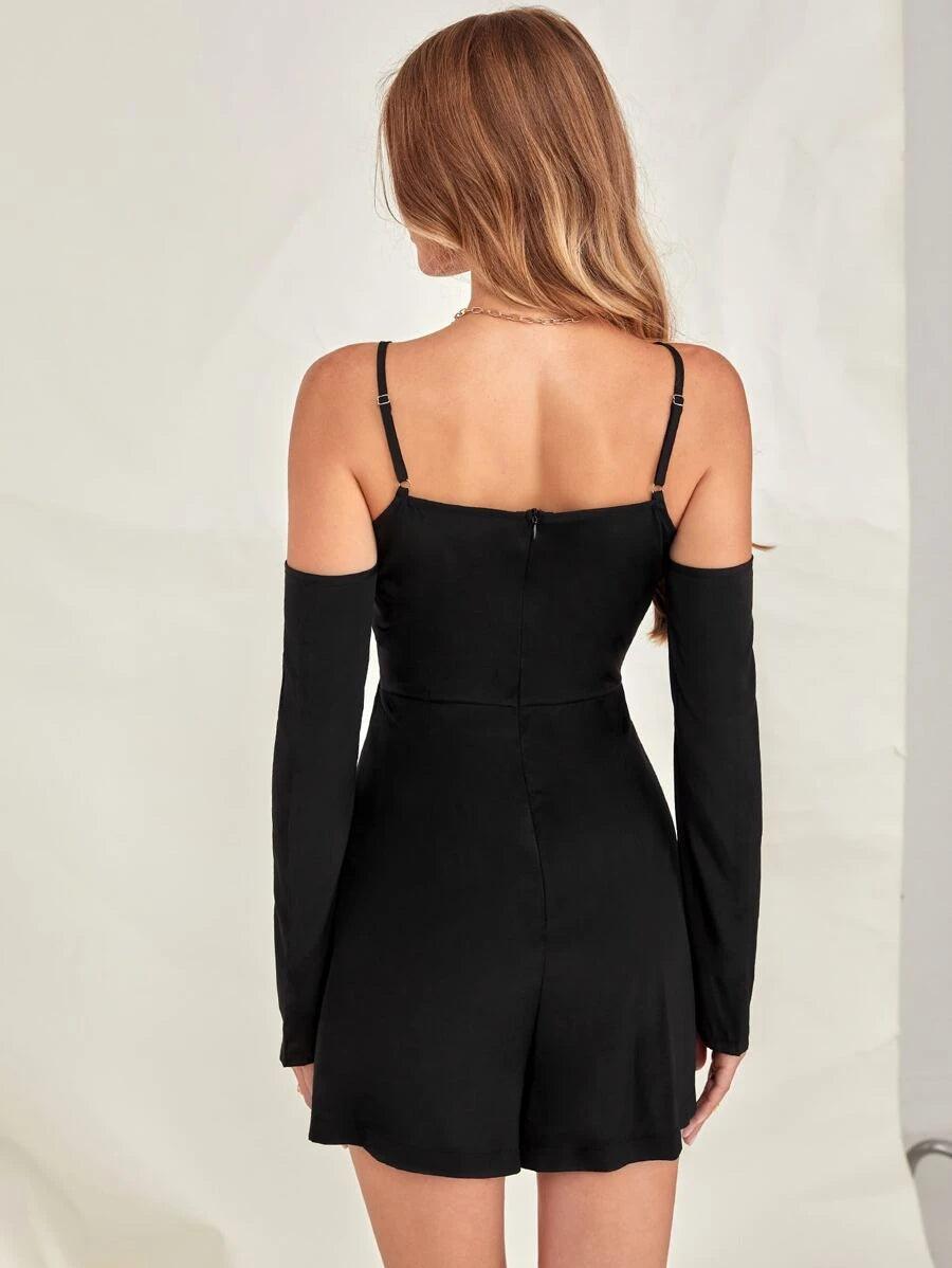 Cold Shoulder Cut Out Drawstring Romper-Comfy Jumpsuits