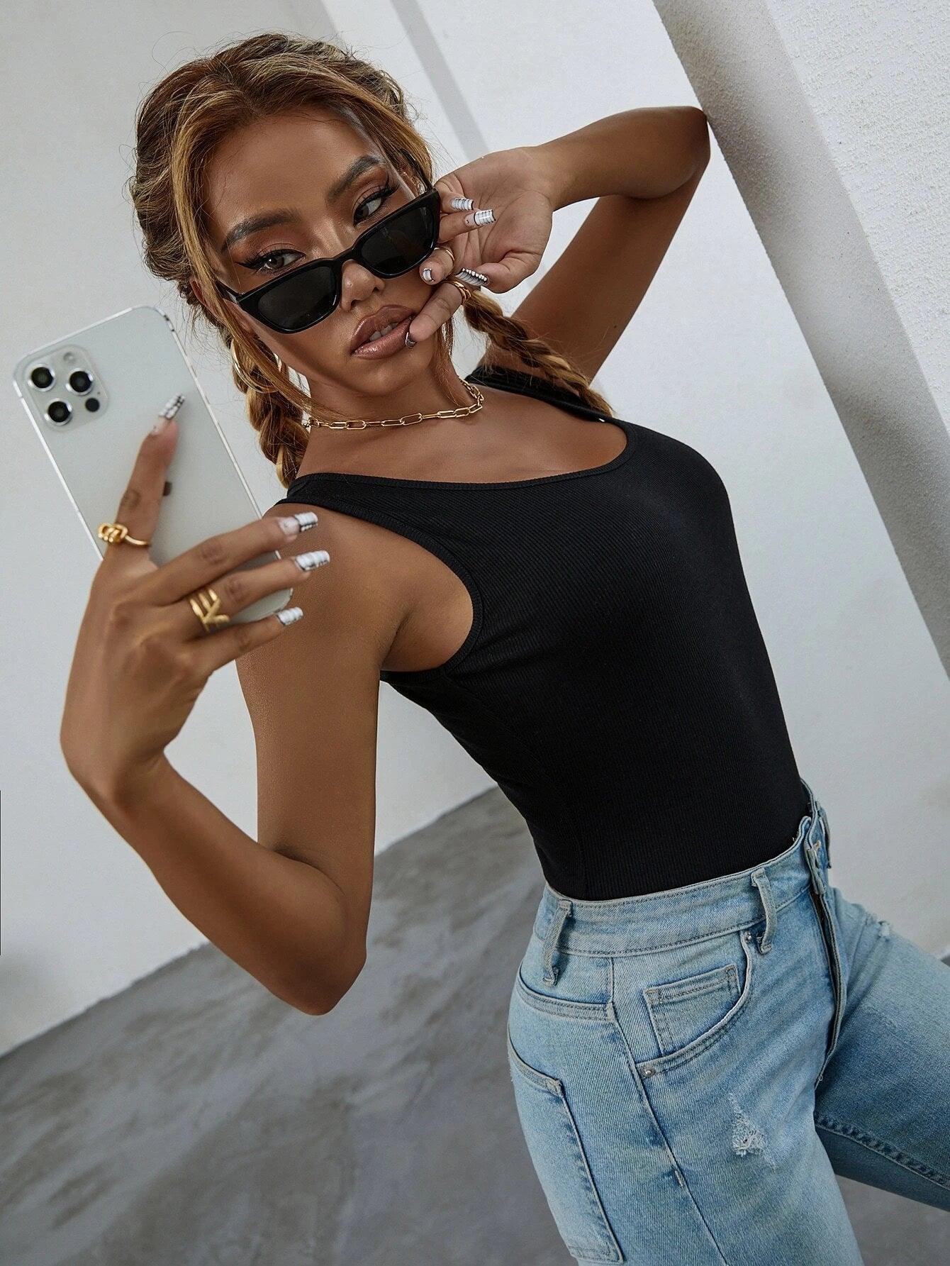 Ribbed Knit Scoop Neck Bodysuit-Comfy Jumpsuits