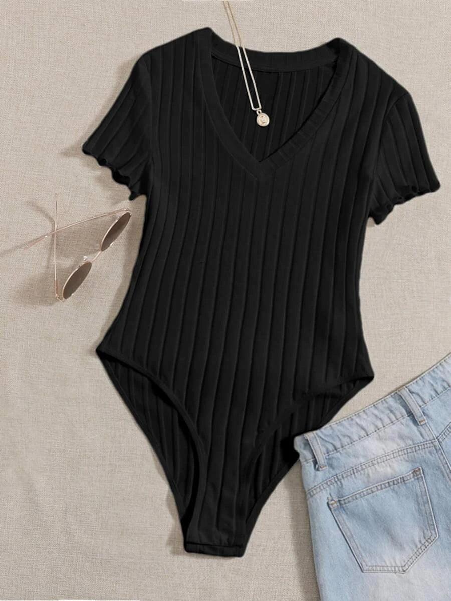 Lettuce Trim Rib Knit Bodysuit-Comfy Jumpsuits