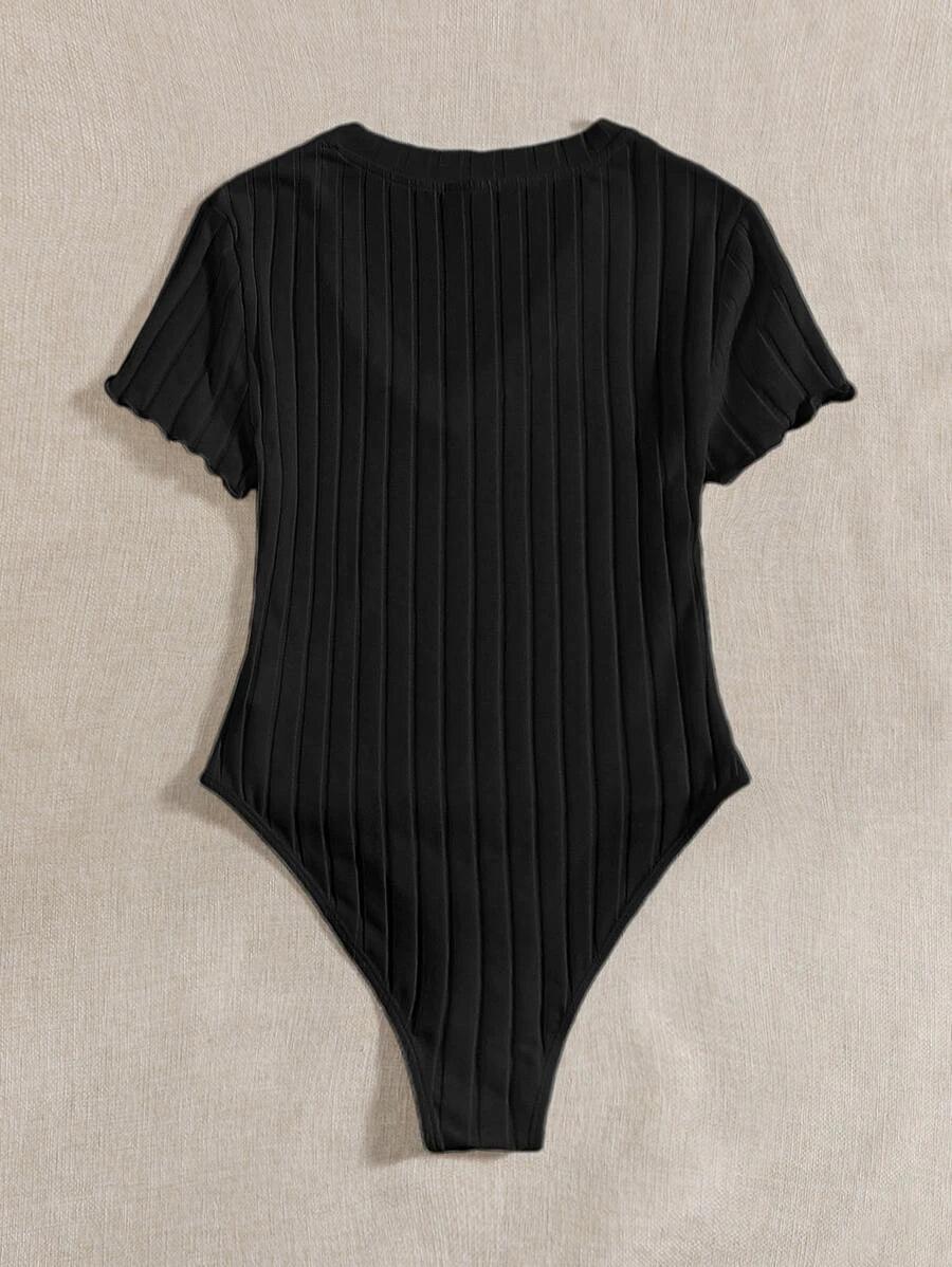 Lettuce Trim Rib Knit Bodysuit-Comfy Jumpsuits