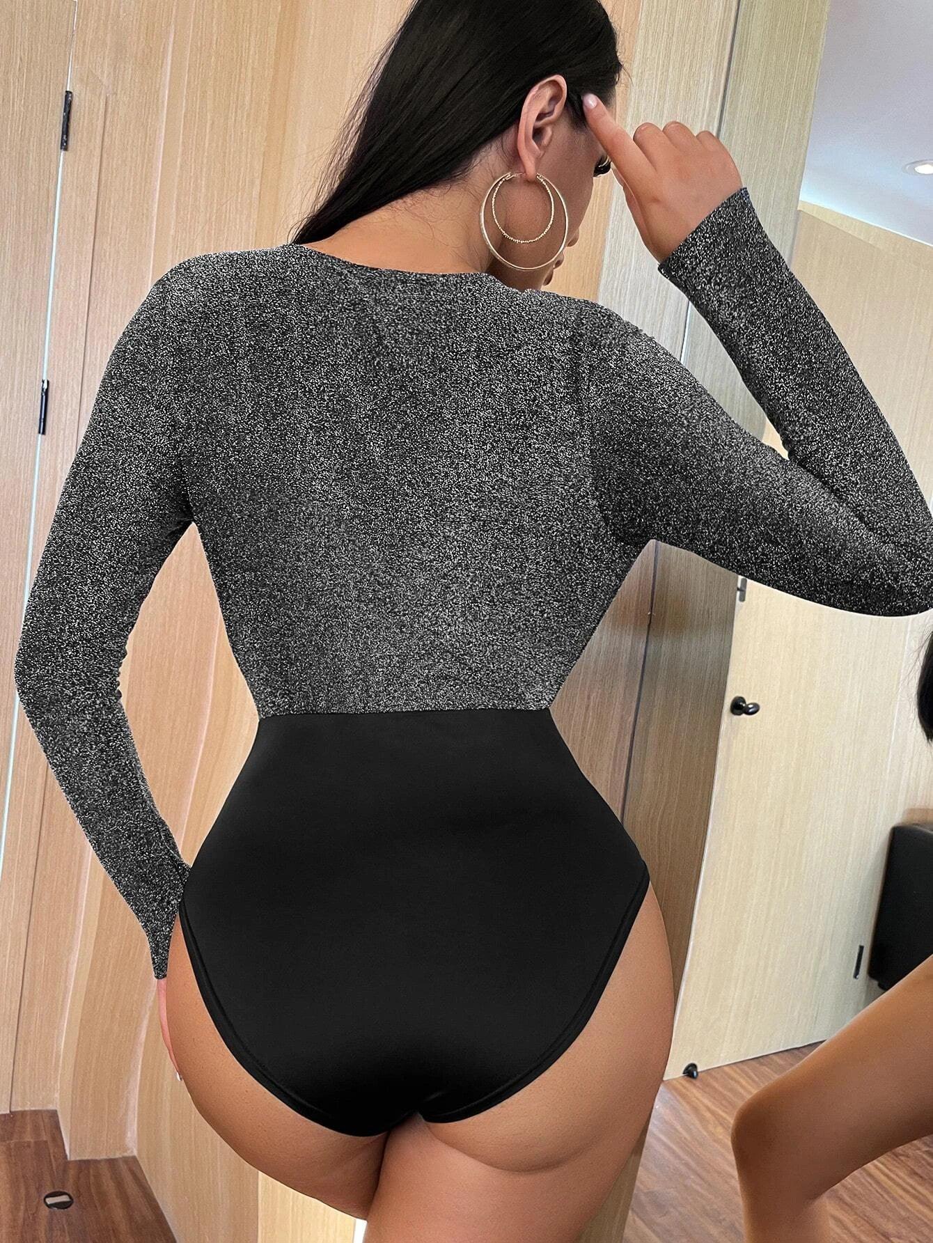 Long Sleeve Glitter Bodysuit-Comfy Jumpsuits