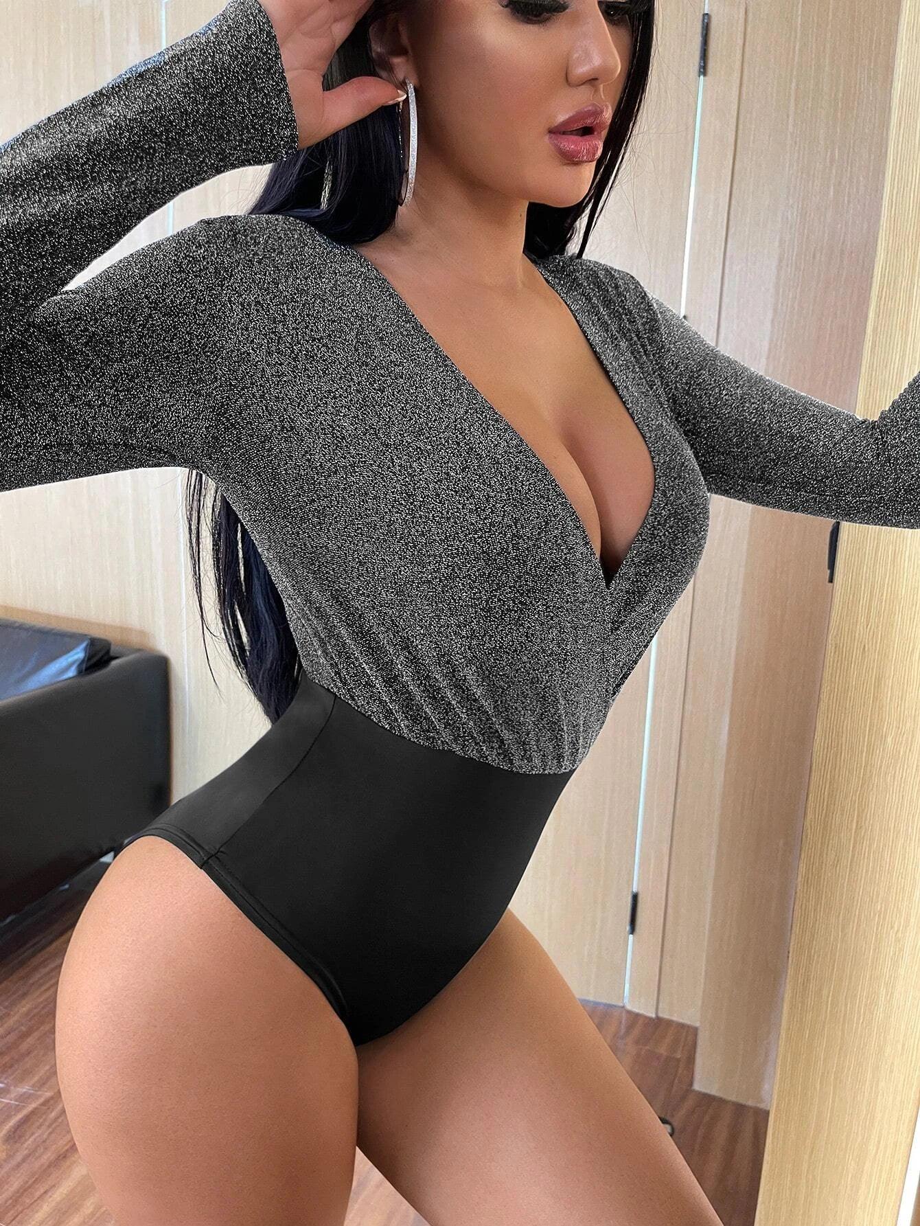 Long Sleeve Glitter Bodysuit-Comfy Jumpsuits