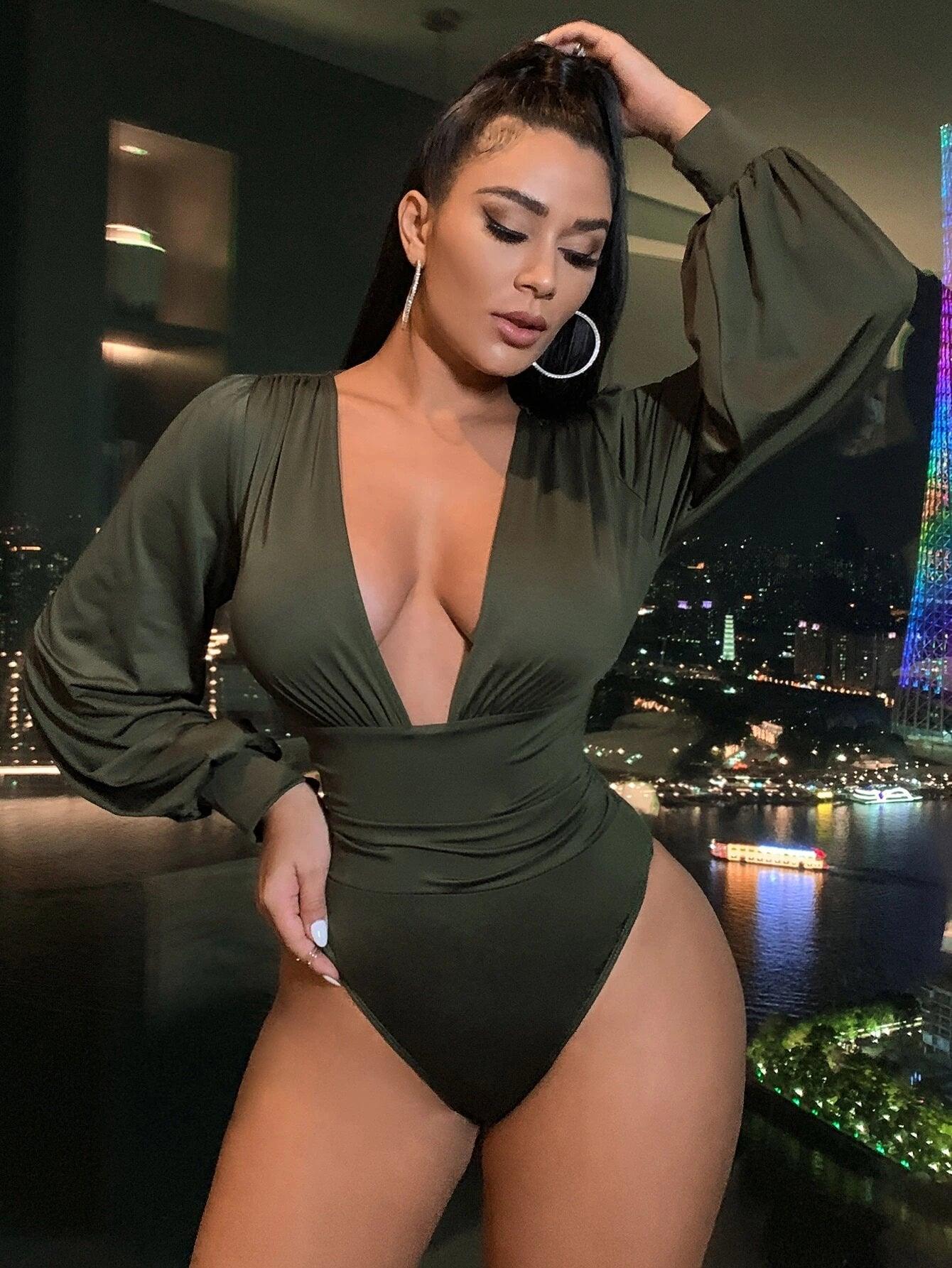 Neck Lantern Sleeve Bodysuit-Comfy Jumpsuits
