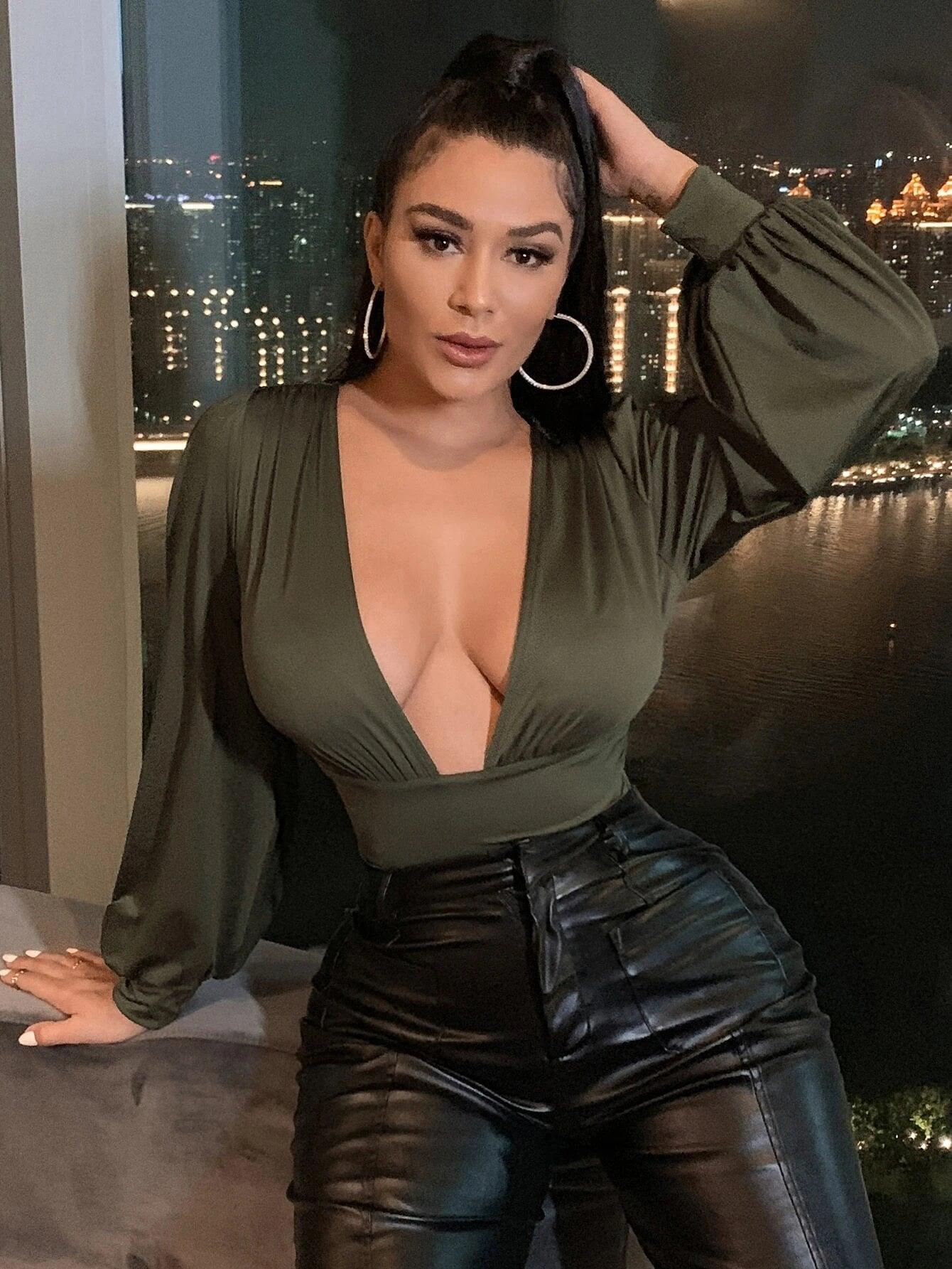 Neck Lantern Sleeve Bodysuit-Comfy Jumpsuits