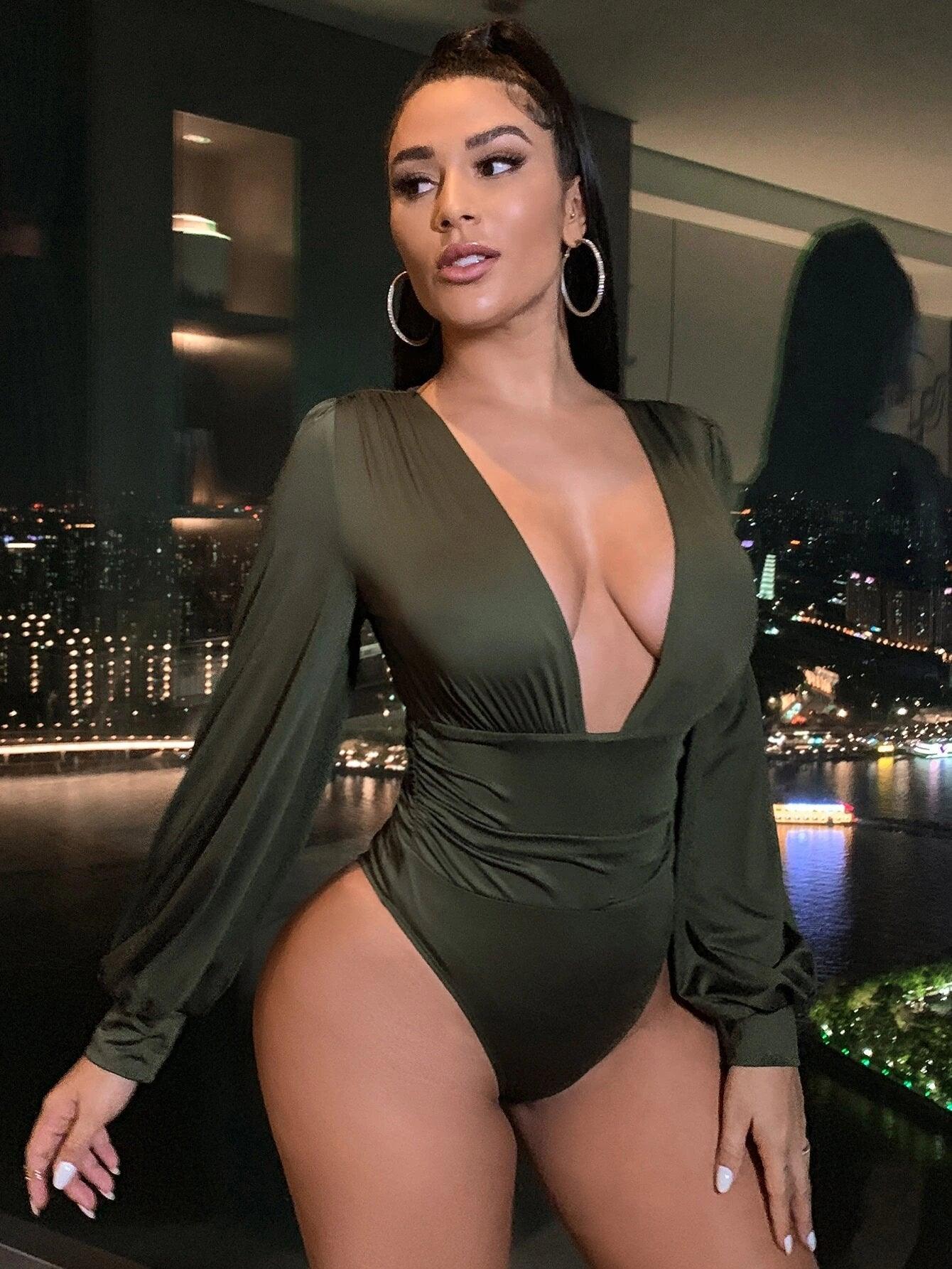 Neck Lantern Sleeve Bodysuit-Comfy Jumpsuits