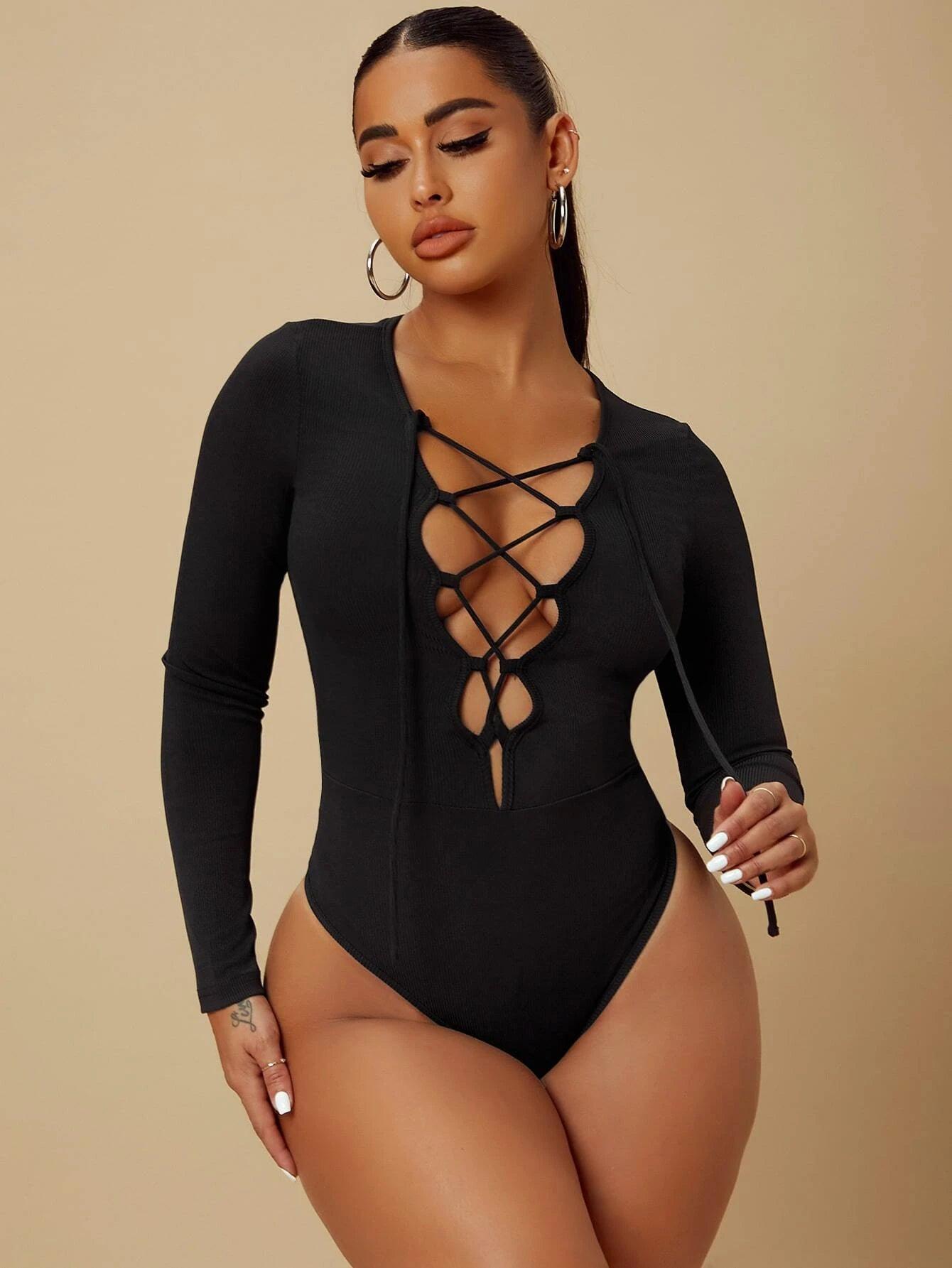Lace Up Front Plunging Neck Bodysuit-Comfy Jumpsuits