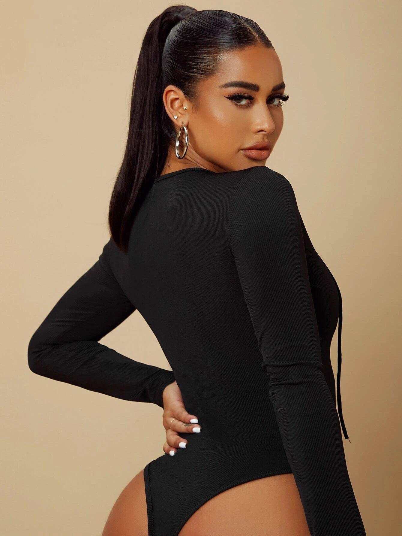 Lace Up Front Plunging Neck Bodysuit-Comfy Jumpsuits