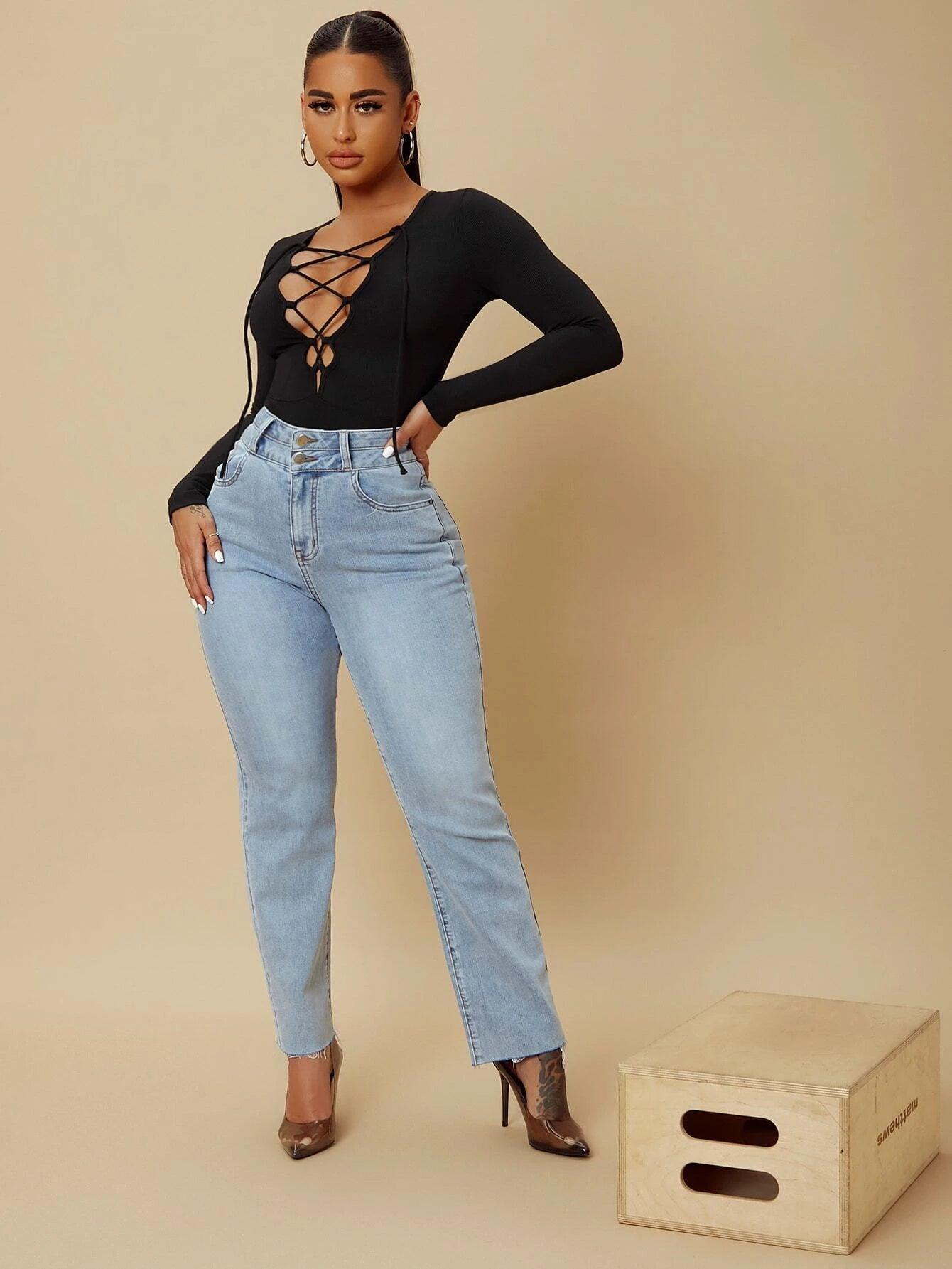 Lace Up Front Plunging Neck Bodysuit-Comfy Jumpsuits