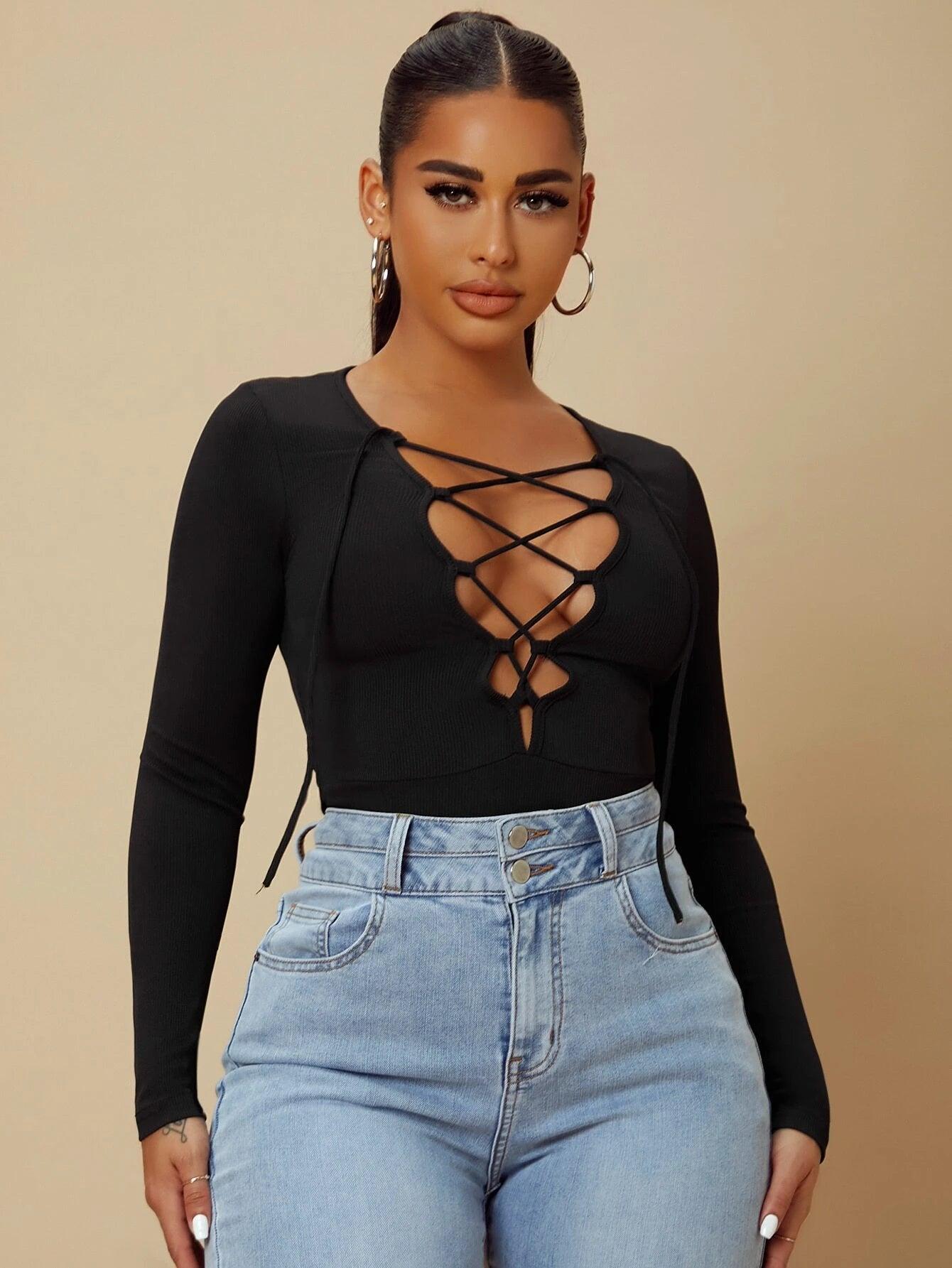 Lace Up Front Plunging Neck Bodysuit-Comfy Jumpsuits