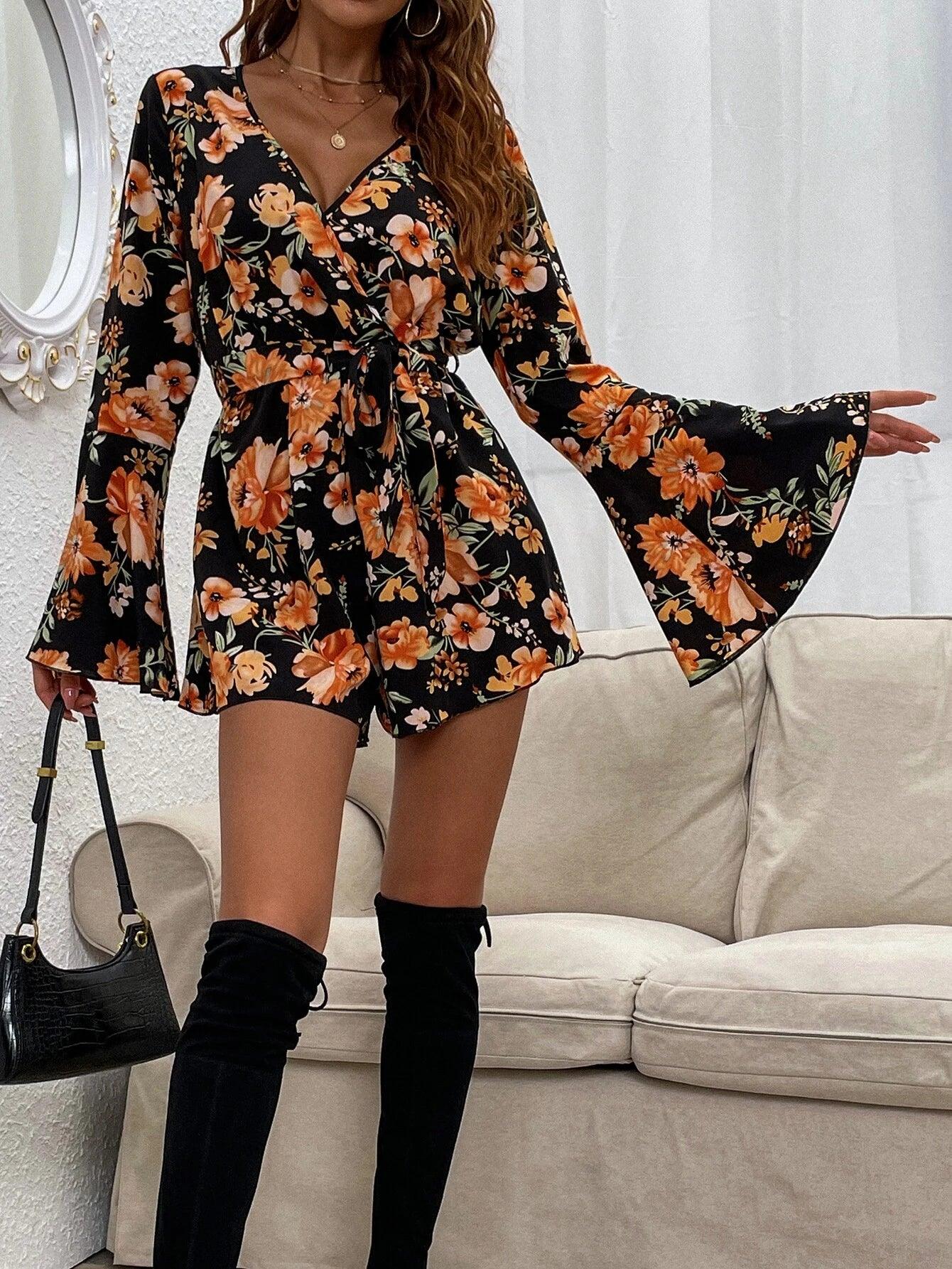 Floral Print Bell Sleeve Belted Romper-Comfy Jumpsuits