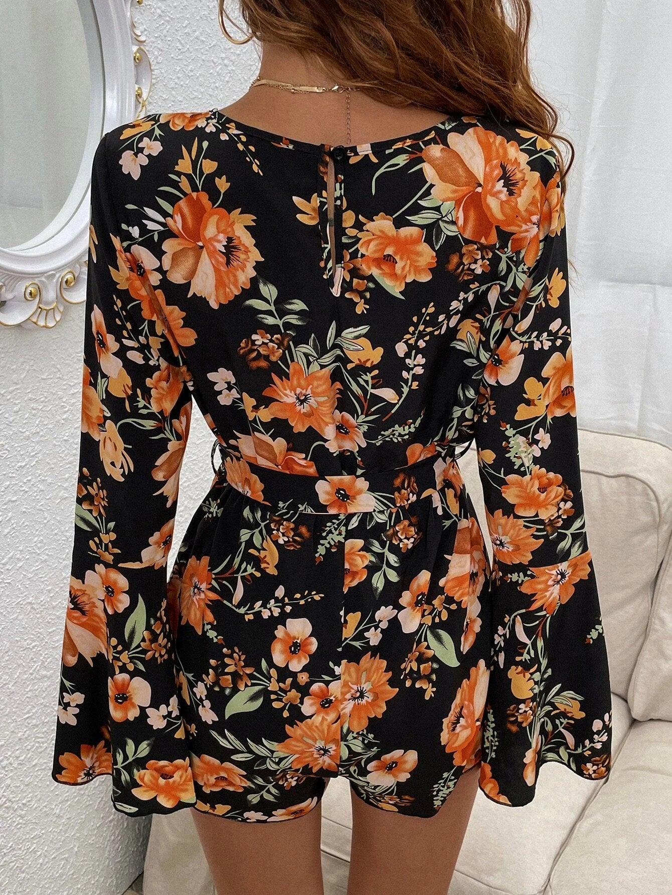 Floral Print Bell Sleeve Belted Romper-Comfy Jumpsuits
