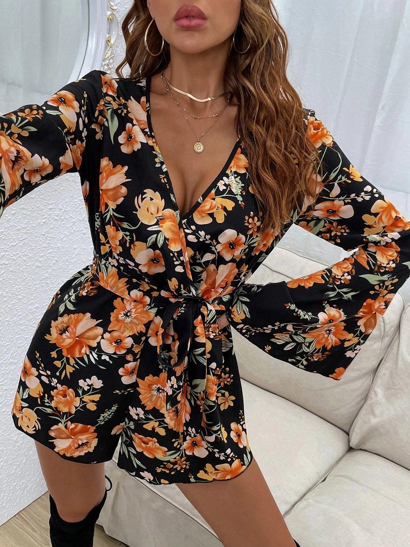 Floral Print Bell Sleeve Belted Romper-Comfy Jumpsuits