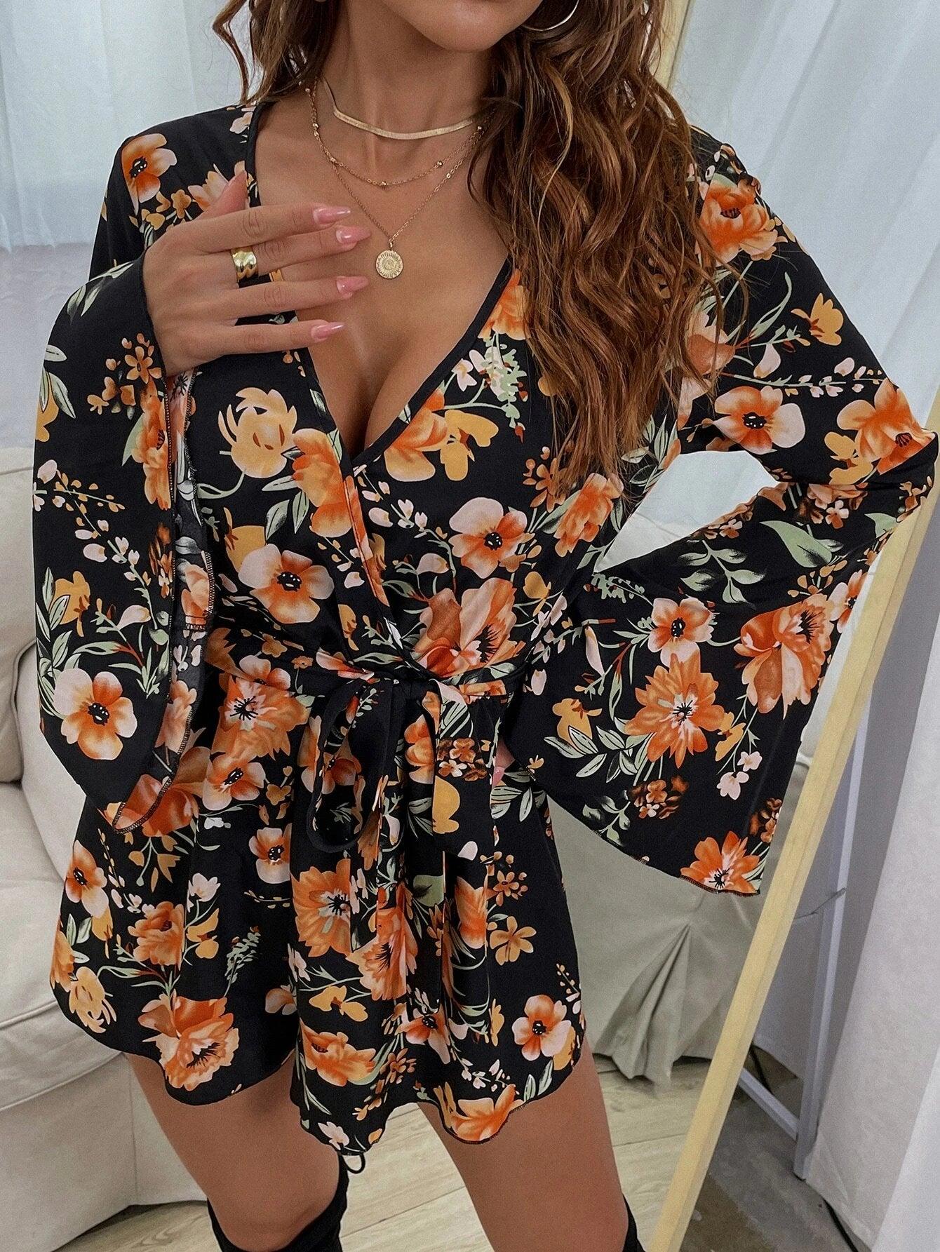 Floral Print Bell Sleeve Belted Romper-Comfy Jumpsuits