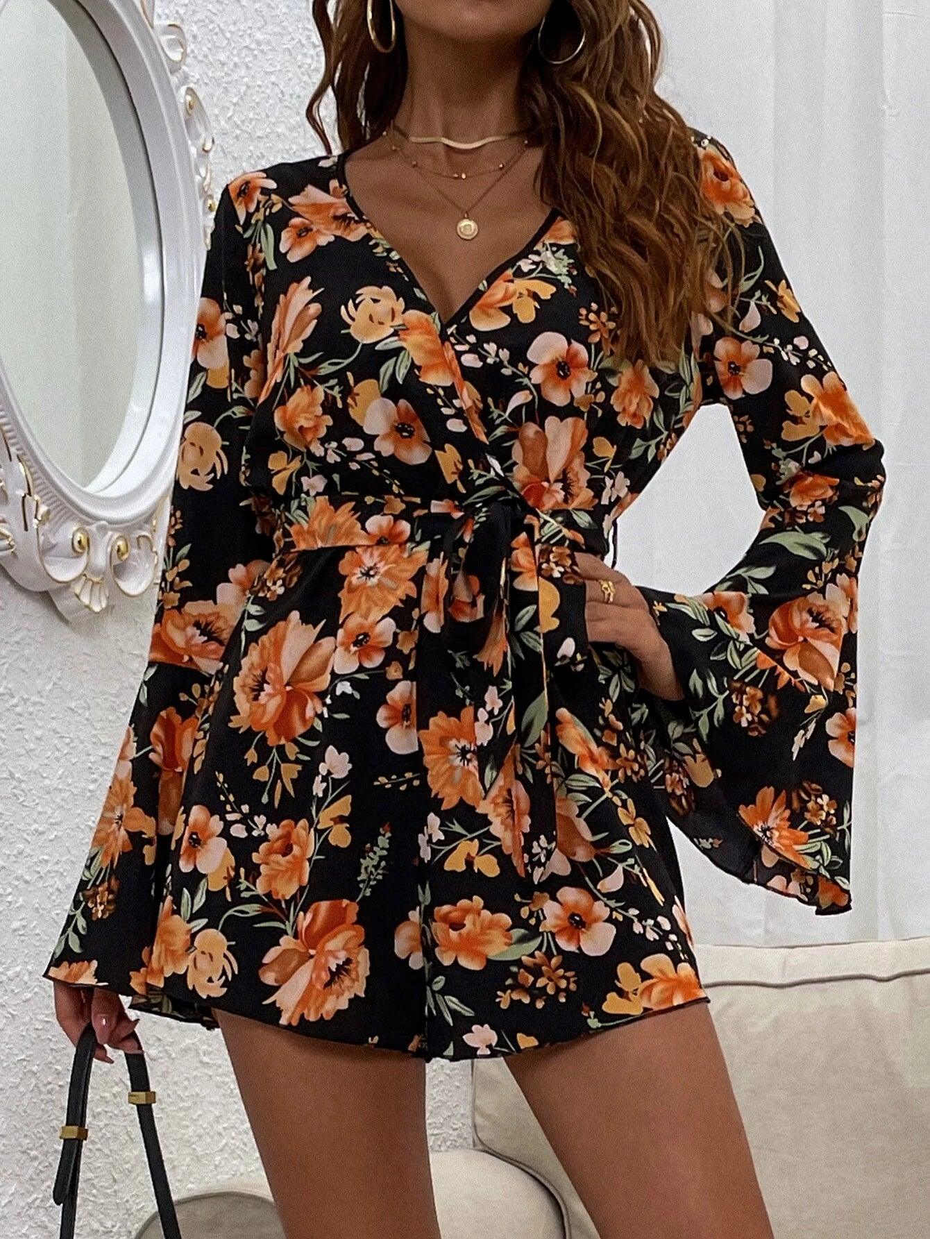 Floral Print Bell Sleeve Belted Romper-Comfy Jumpsuits